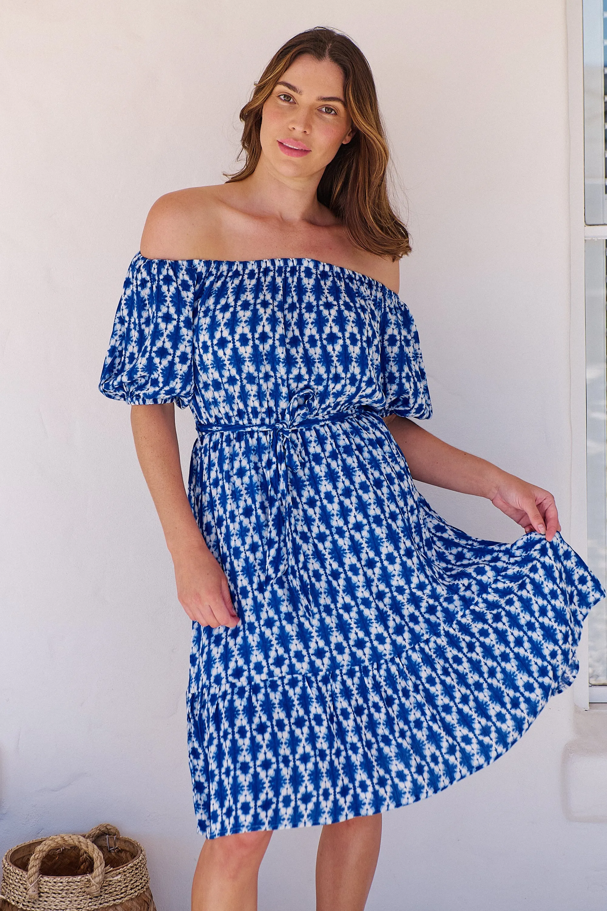 Bastille Blue/White Print Off Shoulder Dress