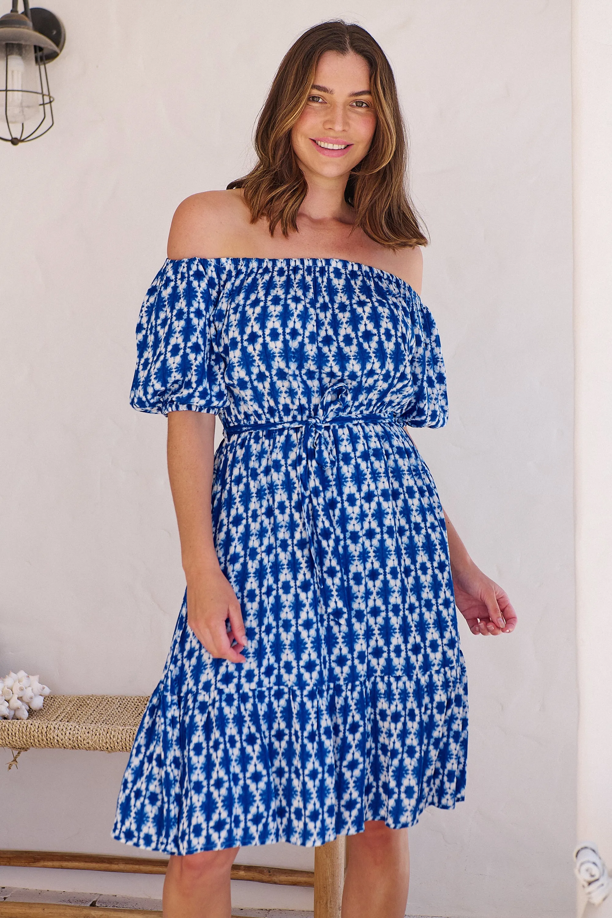 Bastille Blue/White Print Off Shoulder Dress