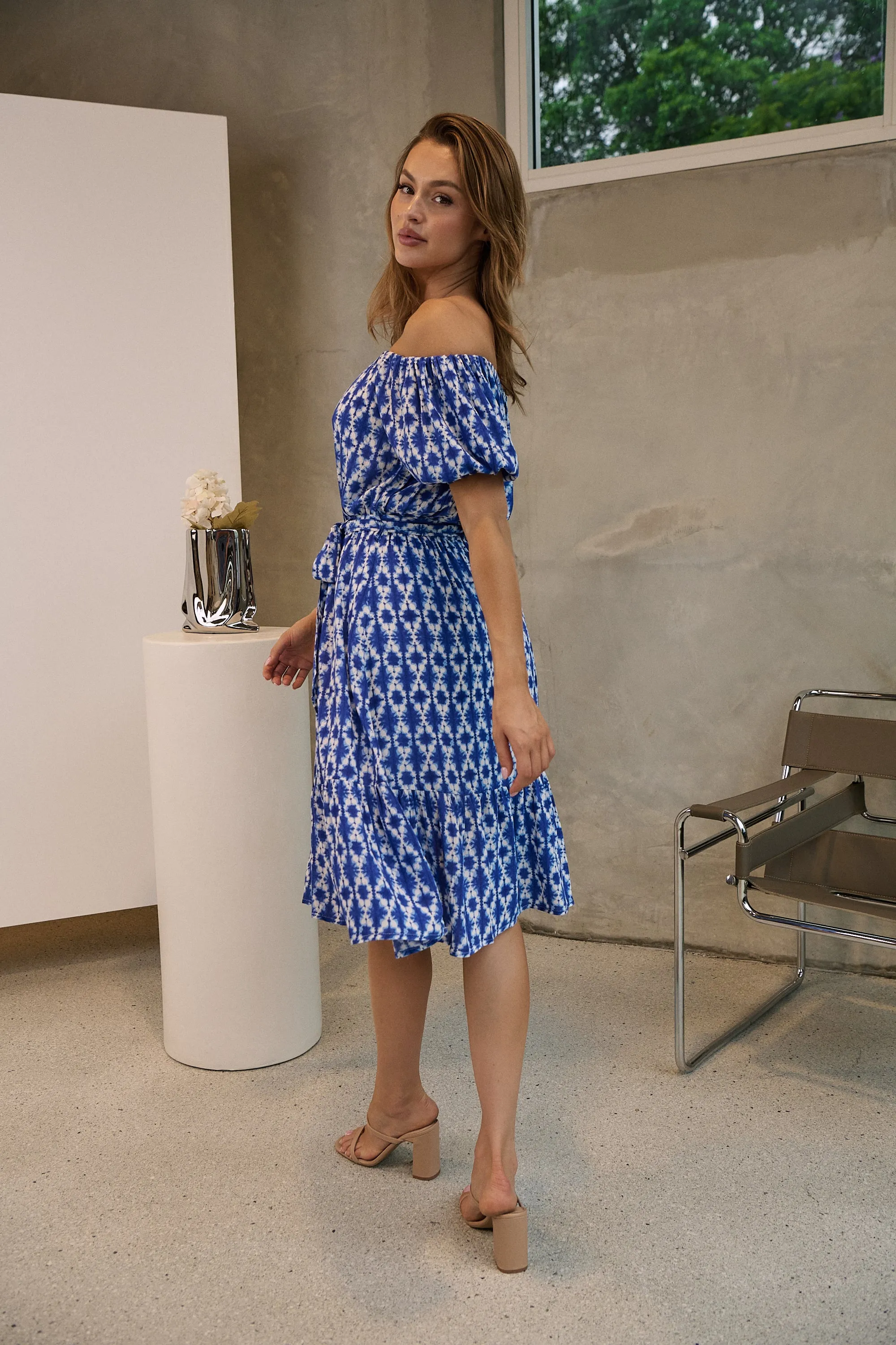 Bastille Blue/White Print Off Shoulder Dress