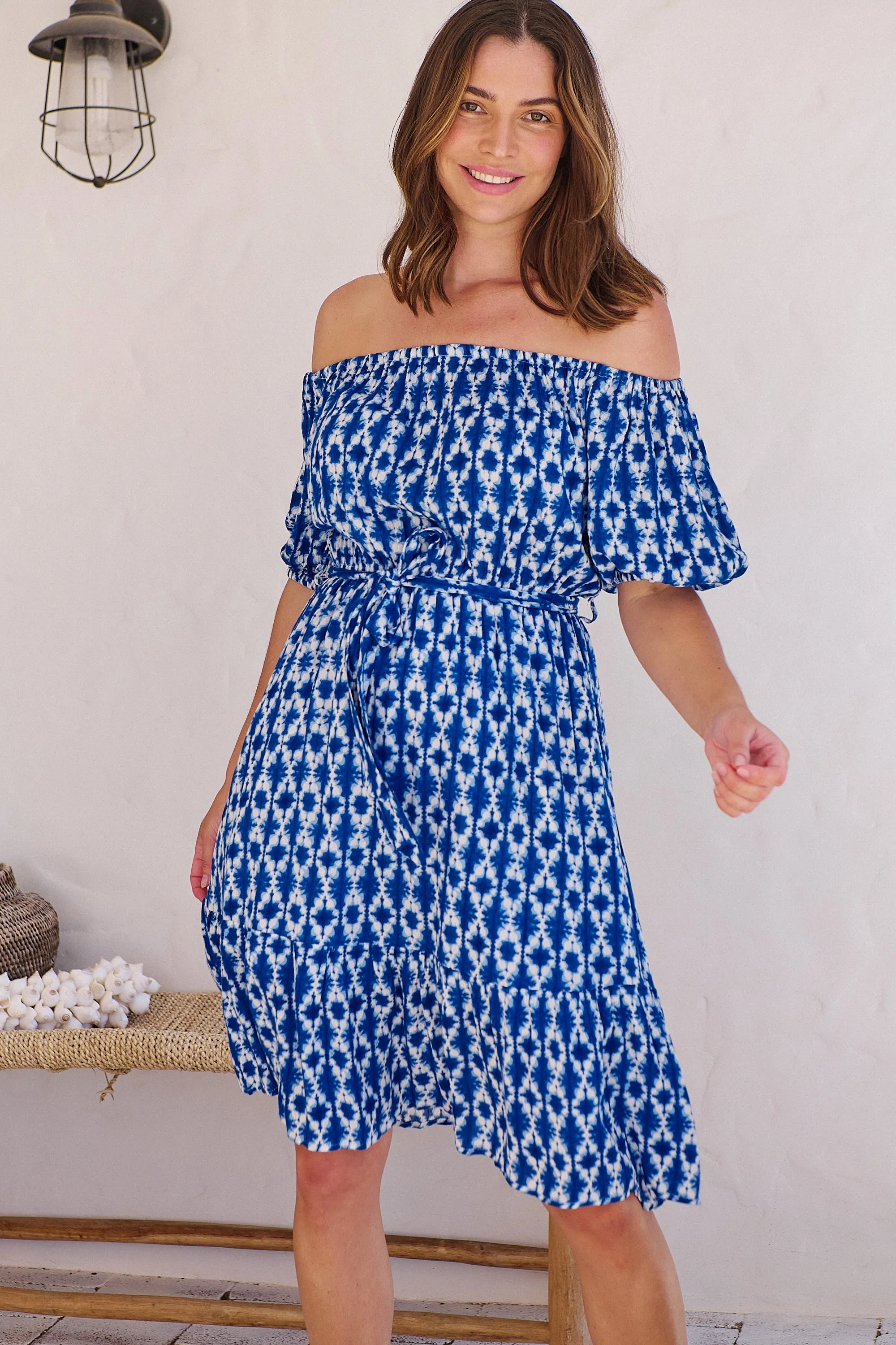 Bastille Blue/White Print Off Shoulder Dress