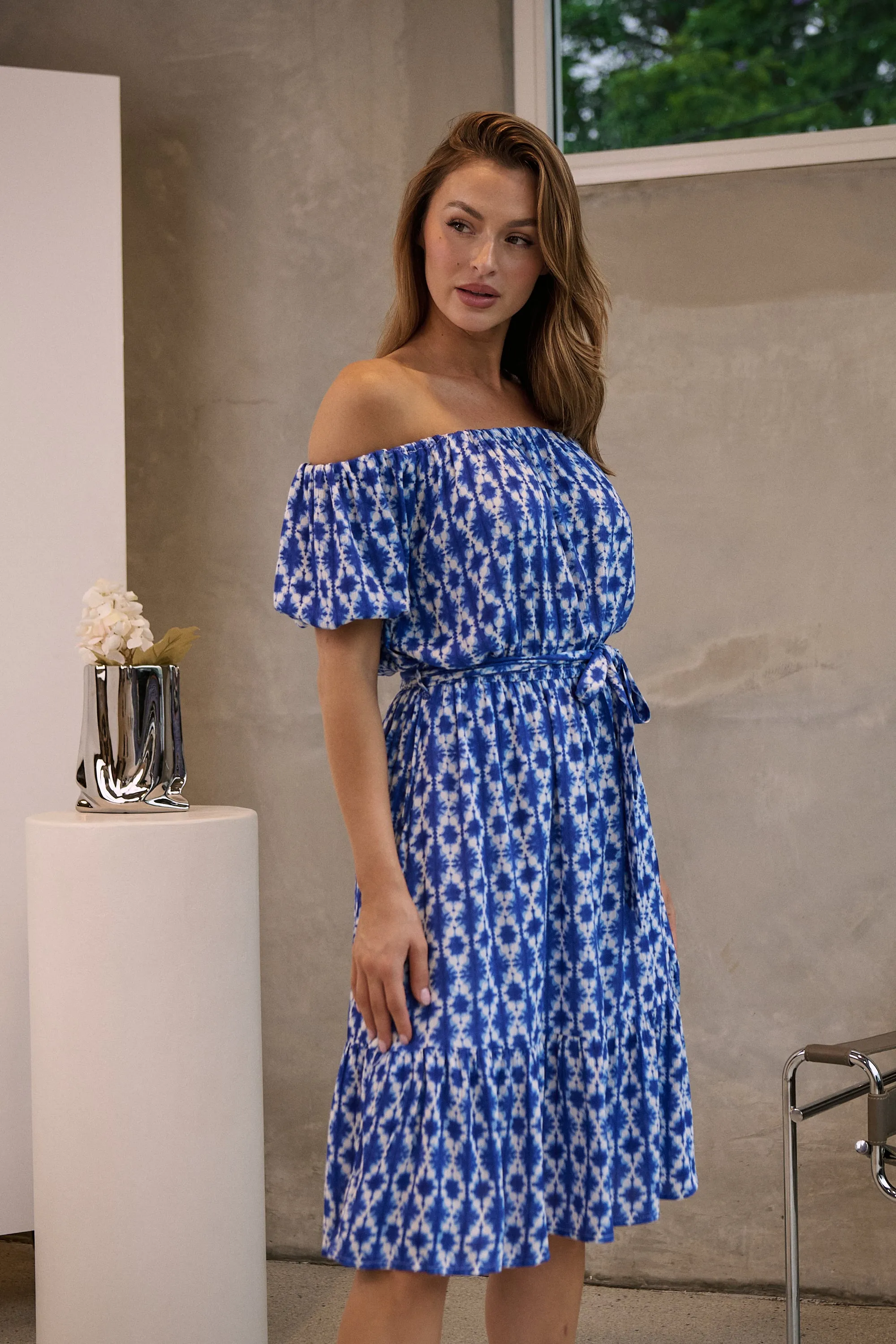 Bastille Blue/White Print Off Shoulder Dress