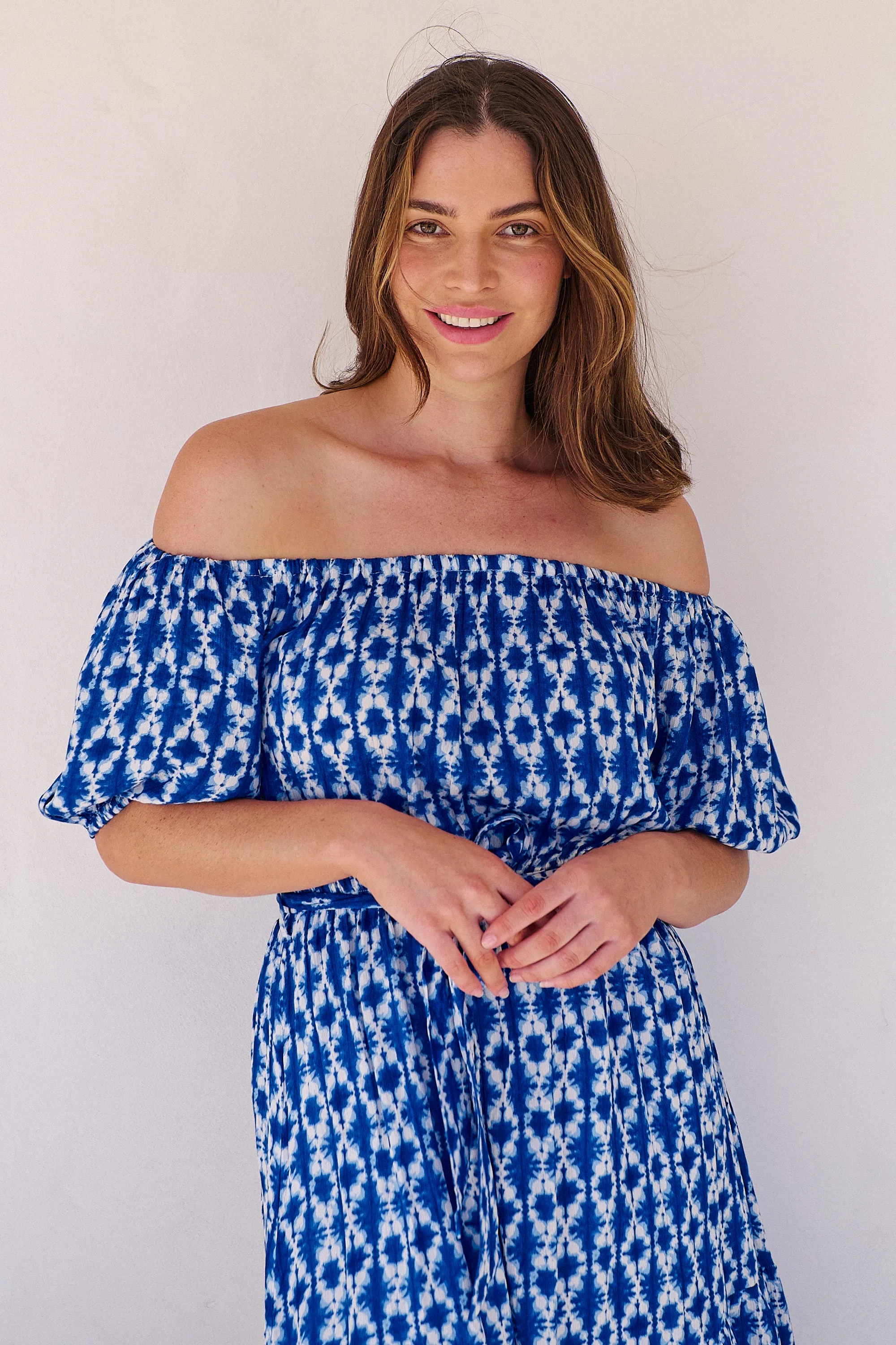 Bastille Blue/White Print Off Shoulder Dress