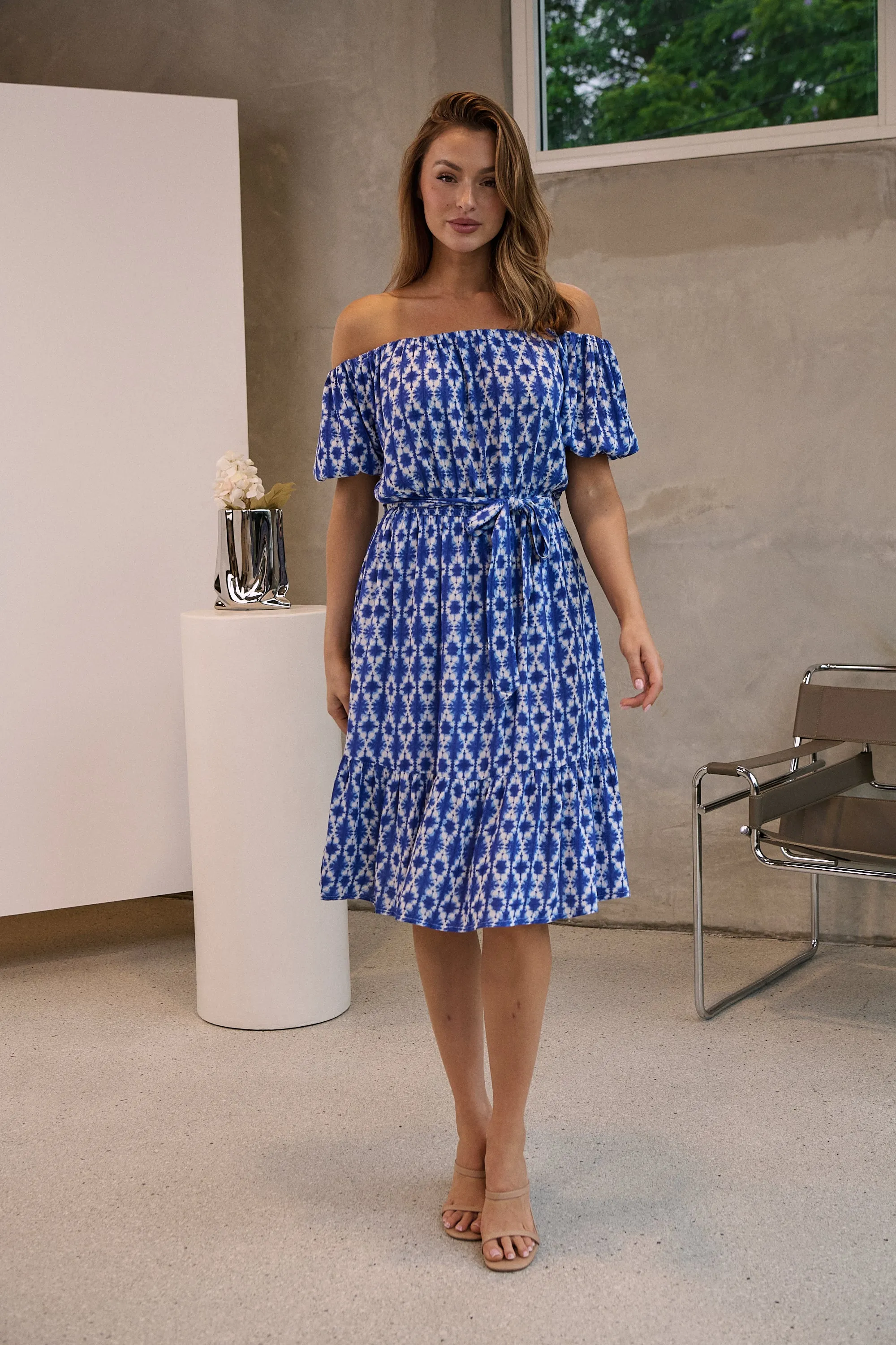 Bastille Blue/White Print Off Shoulder Dress