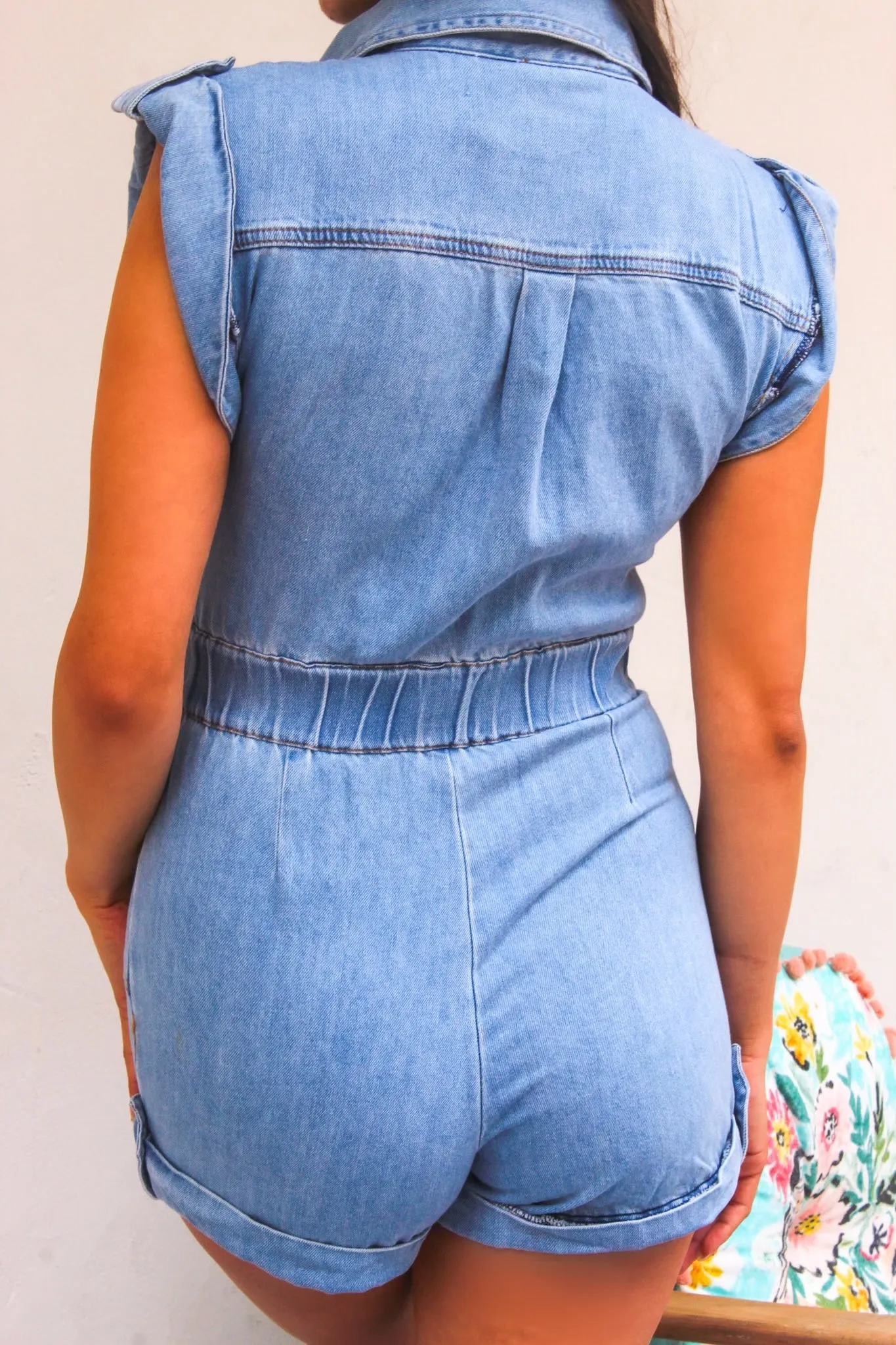 Beat the Heat Denim Romper-Mid Wash