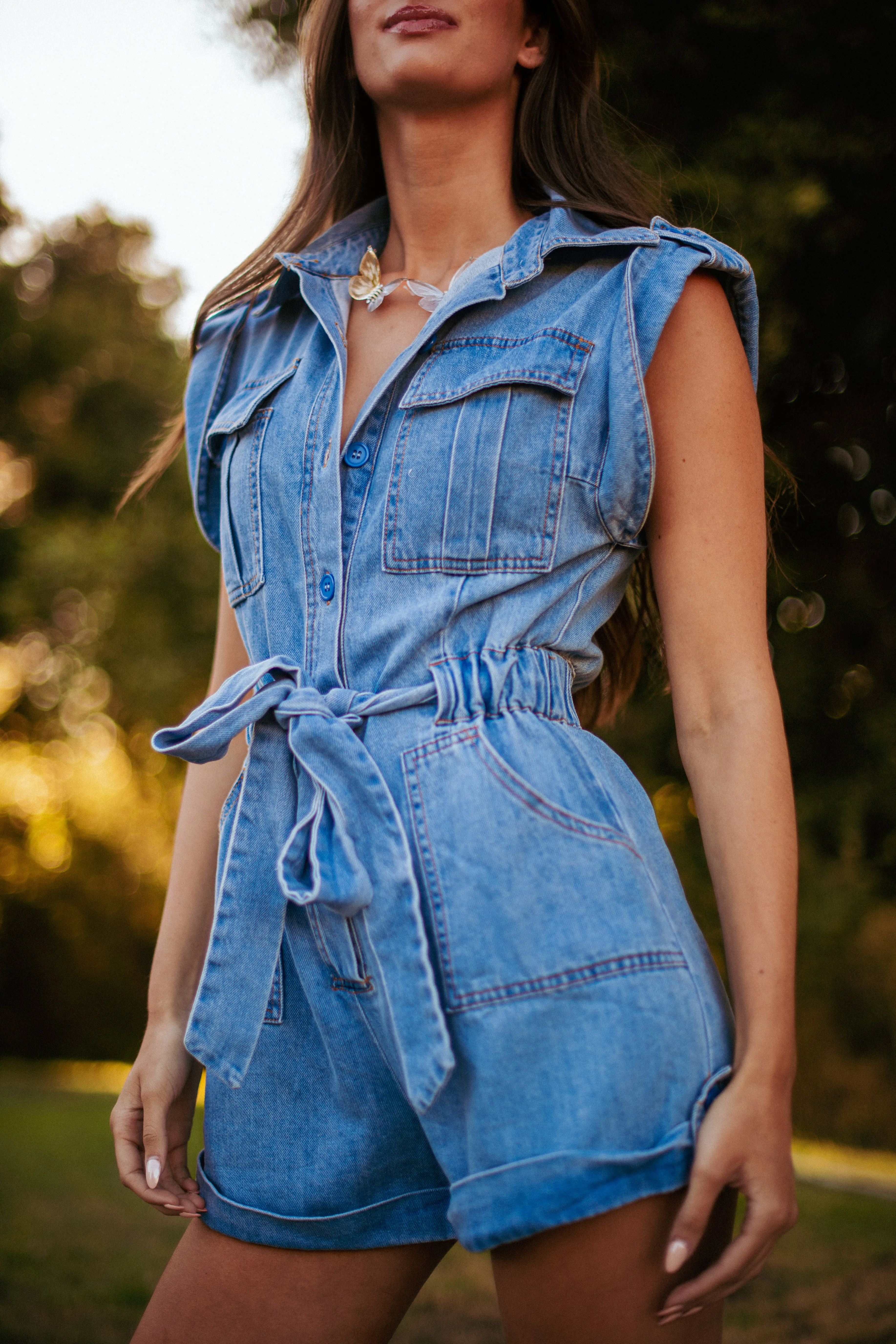 Beat the Heat Denim Romper-Mid Wash