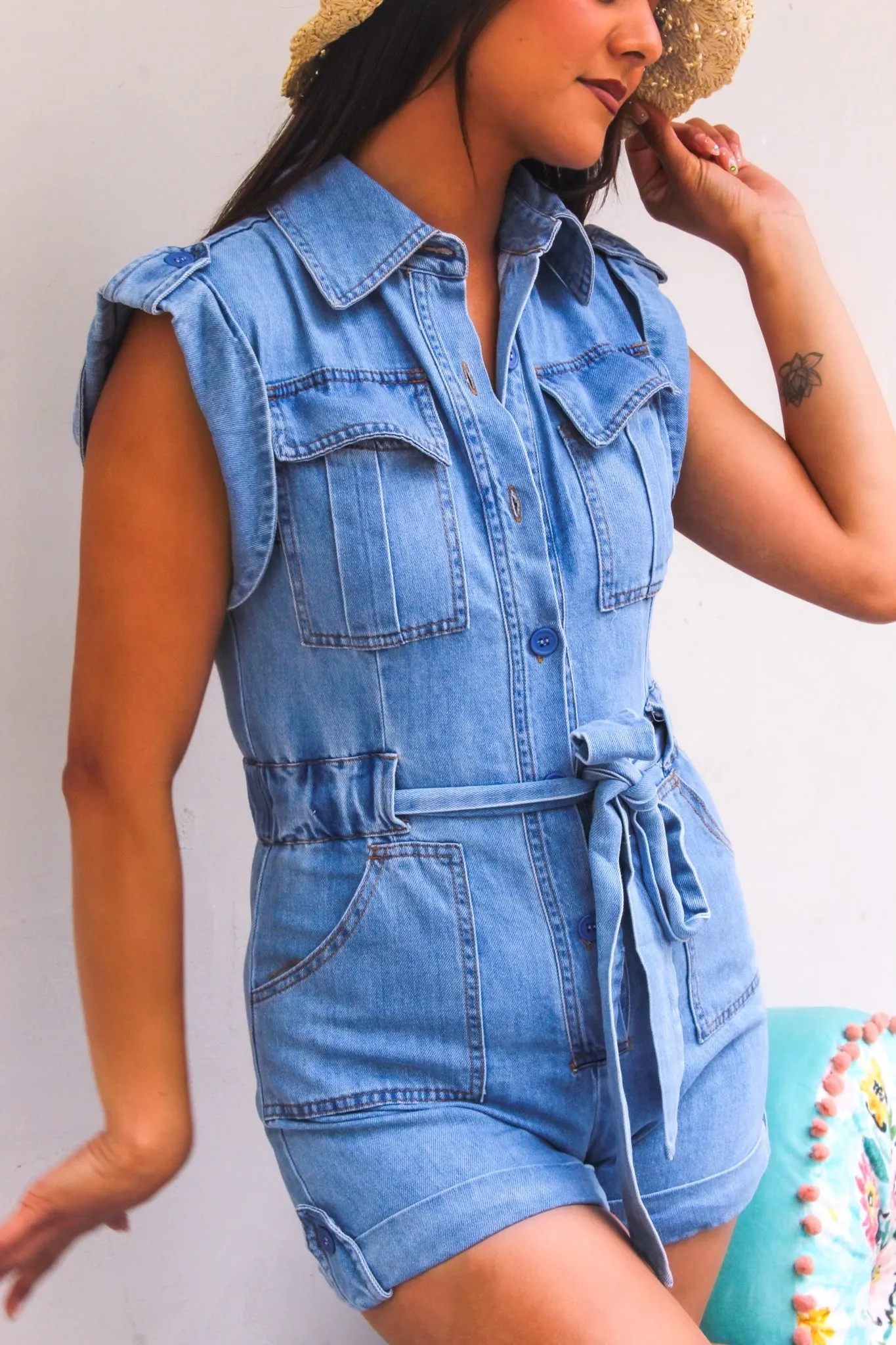 Beat the Heat Denim Romper-Mid Wash