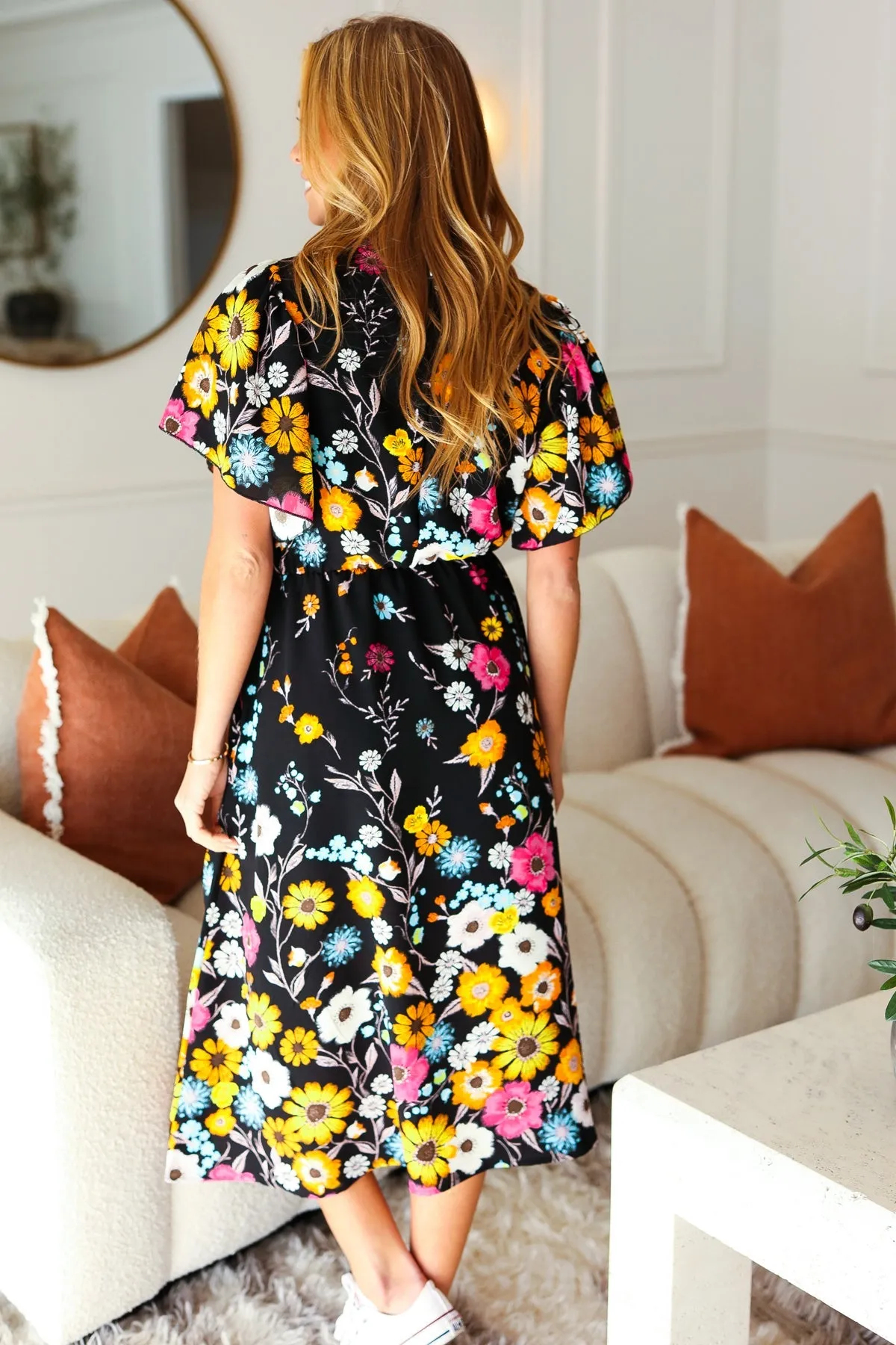 Beautifully You Black Floral Frill Mock Neck Flutter Sleeve Midi Dress