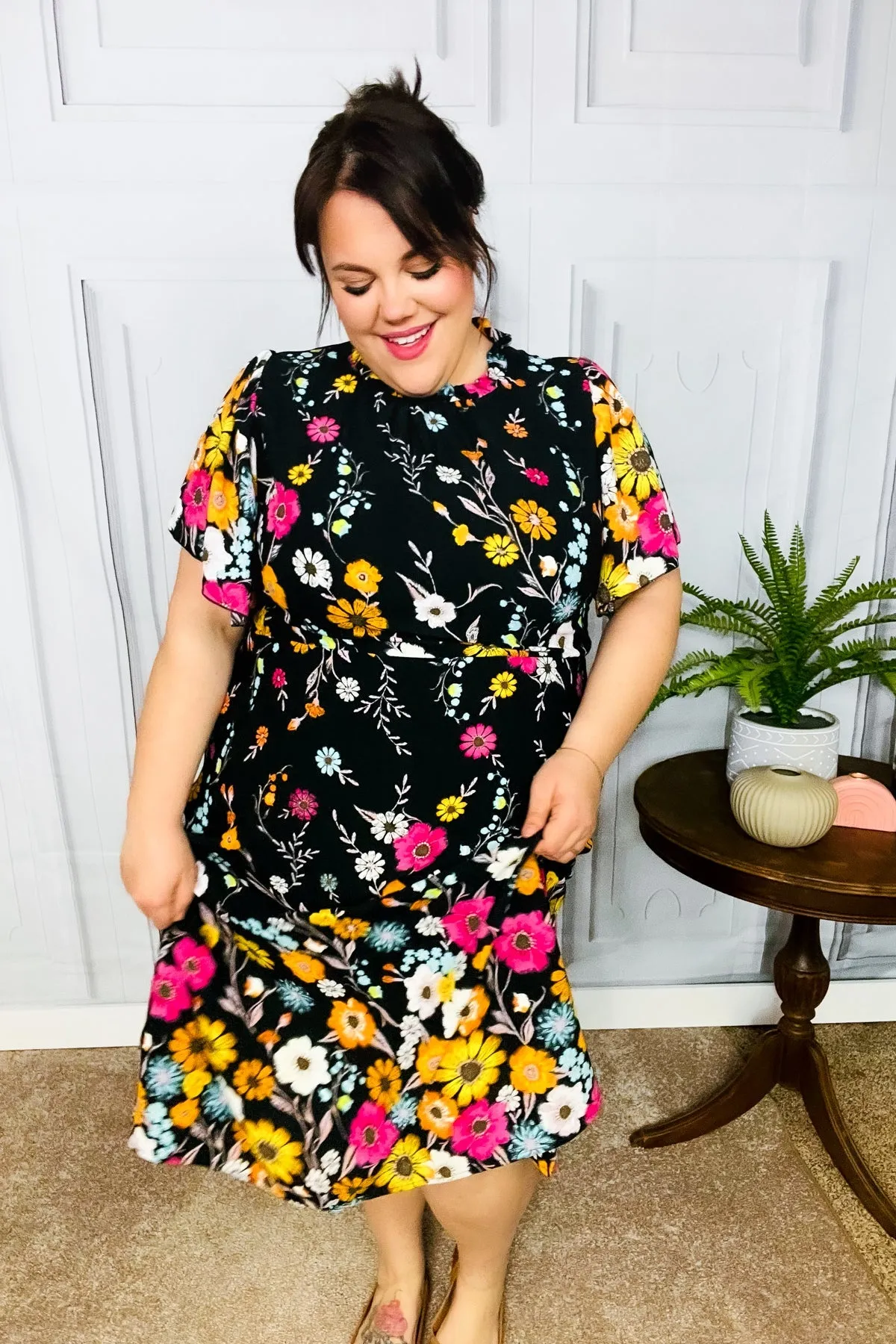 Beautifully You Black Floral Frill Mock Neck Flutter Sleeve Midi Dress