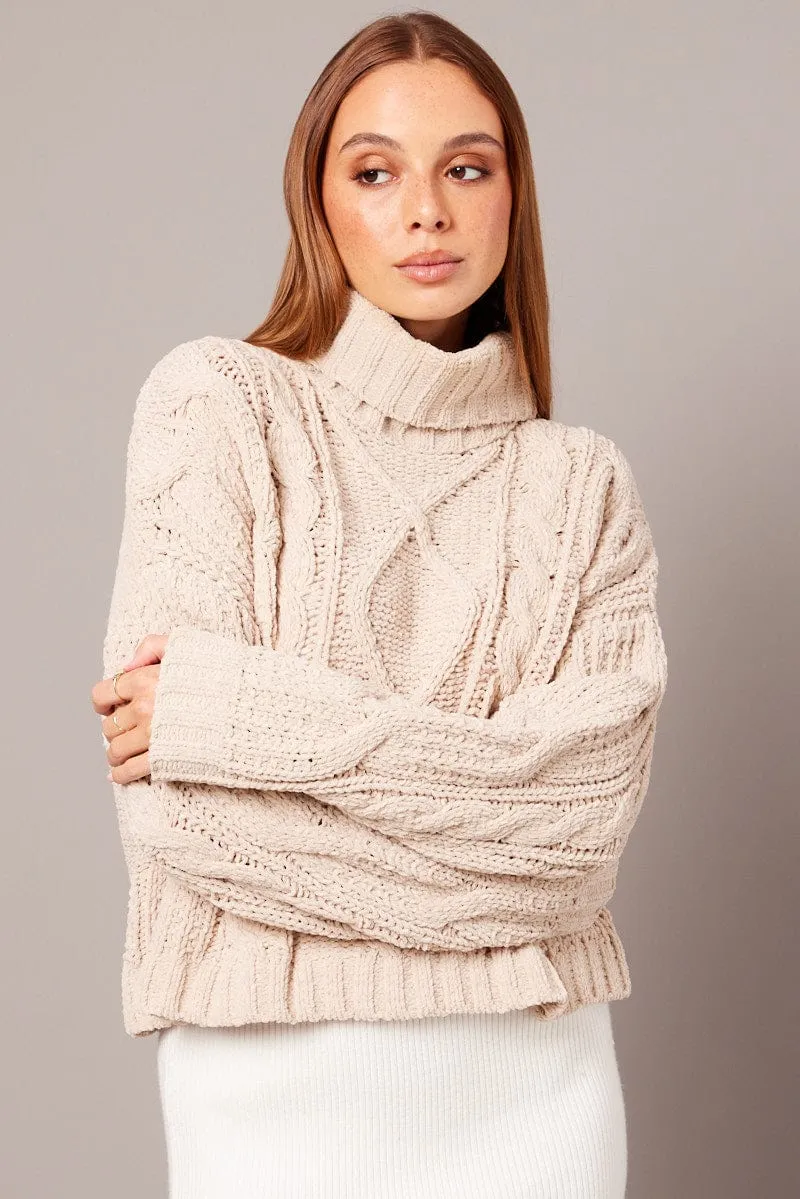 Beige Cable Knit Jumper High Neck