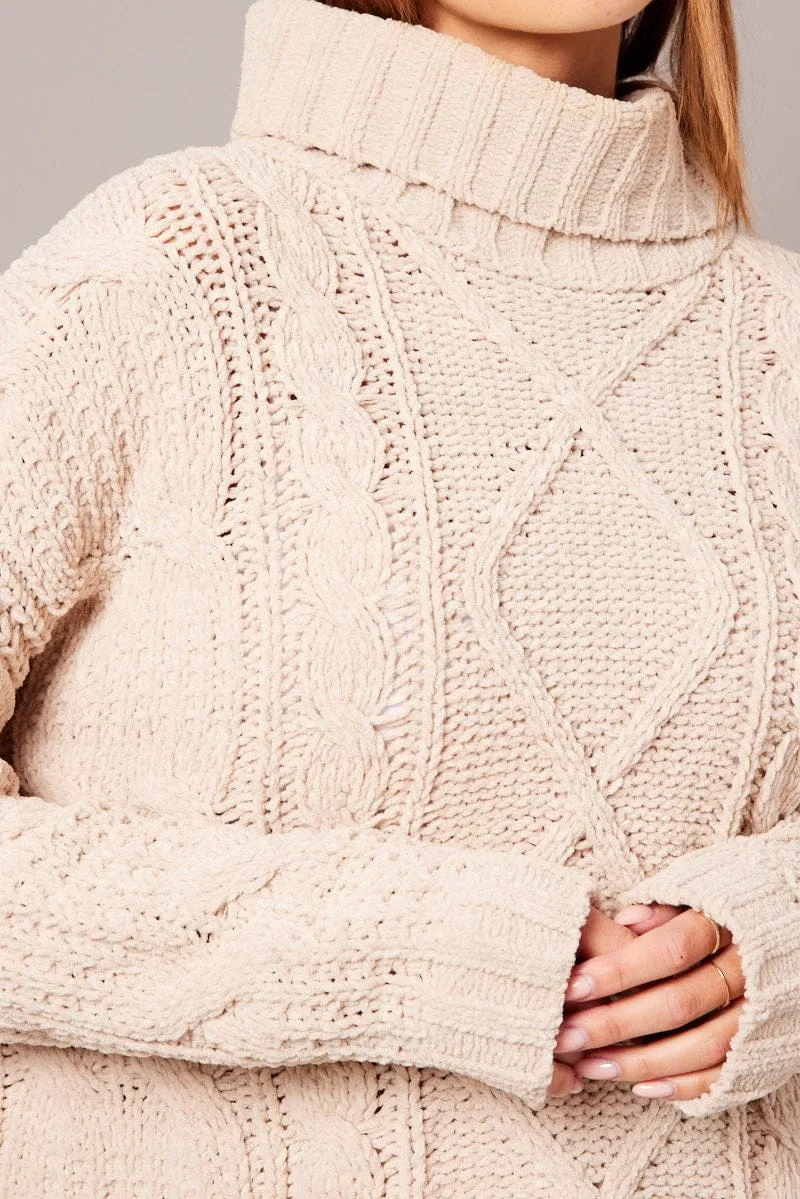 Beige Cable Knit Jumper High Neck