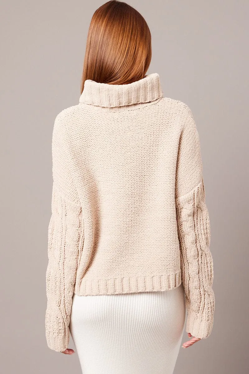 Beige Cable Knit Jumper High Neck