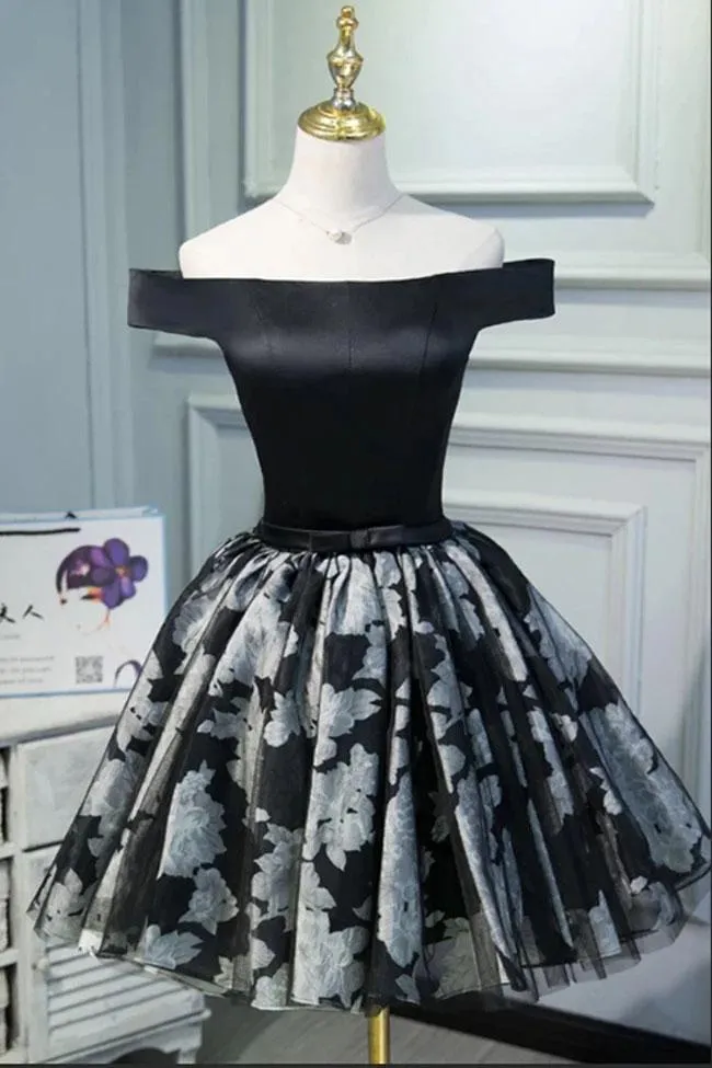 Black Satin Off the Shoulder Cute Homecoming Dresses Short Prom Dress Hoco Gowns STK14967