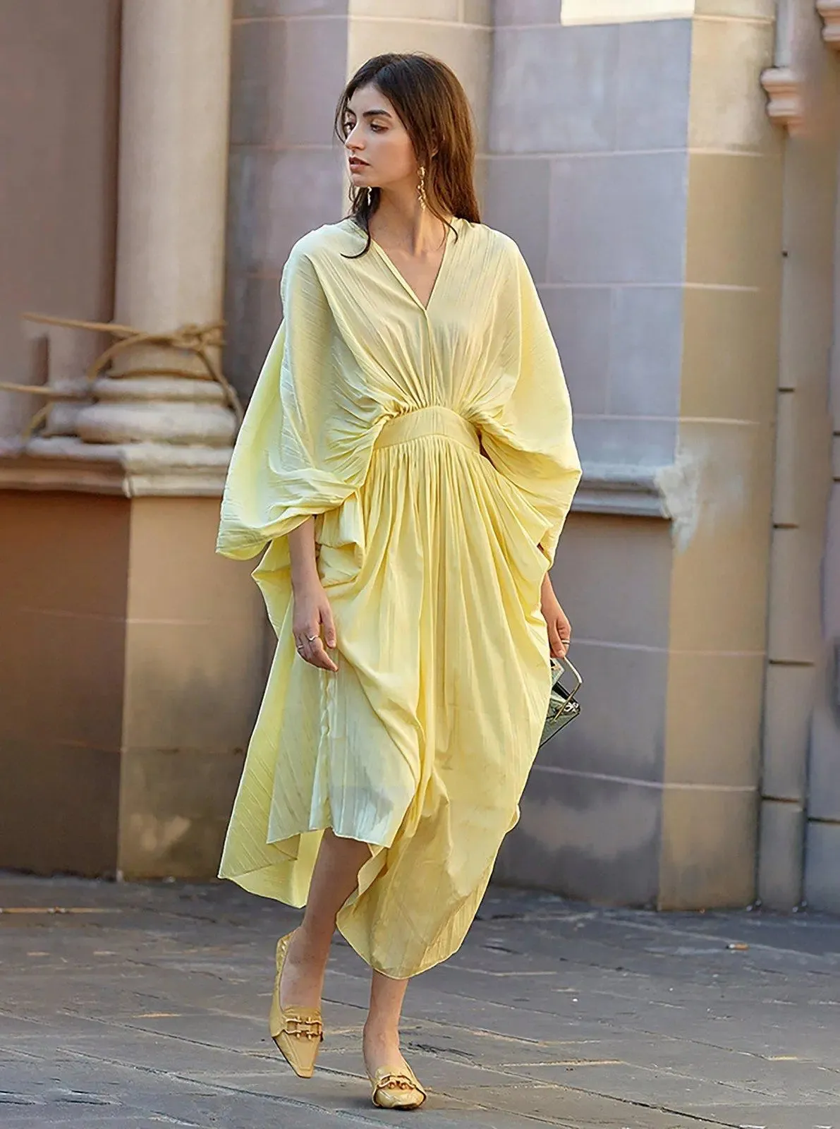 Blanche Batwing Sleeve V-Neck Midi Dress