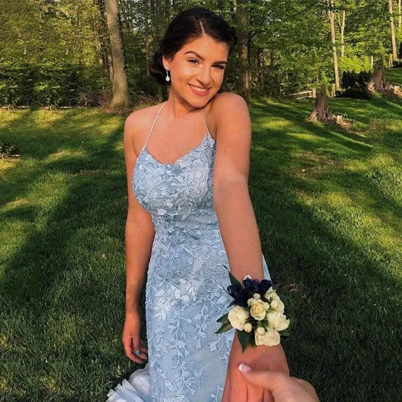 Blue Lace Prom Dress Long, Prom Dresses, Evening Dress, Dance Dress, Graduation School Party Gown, PC0418