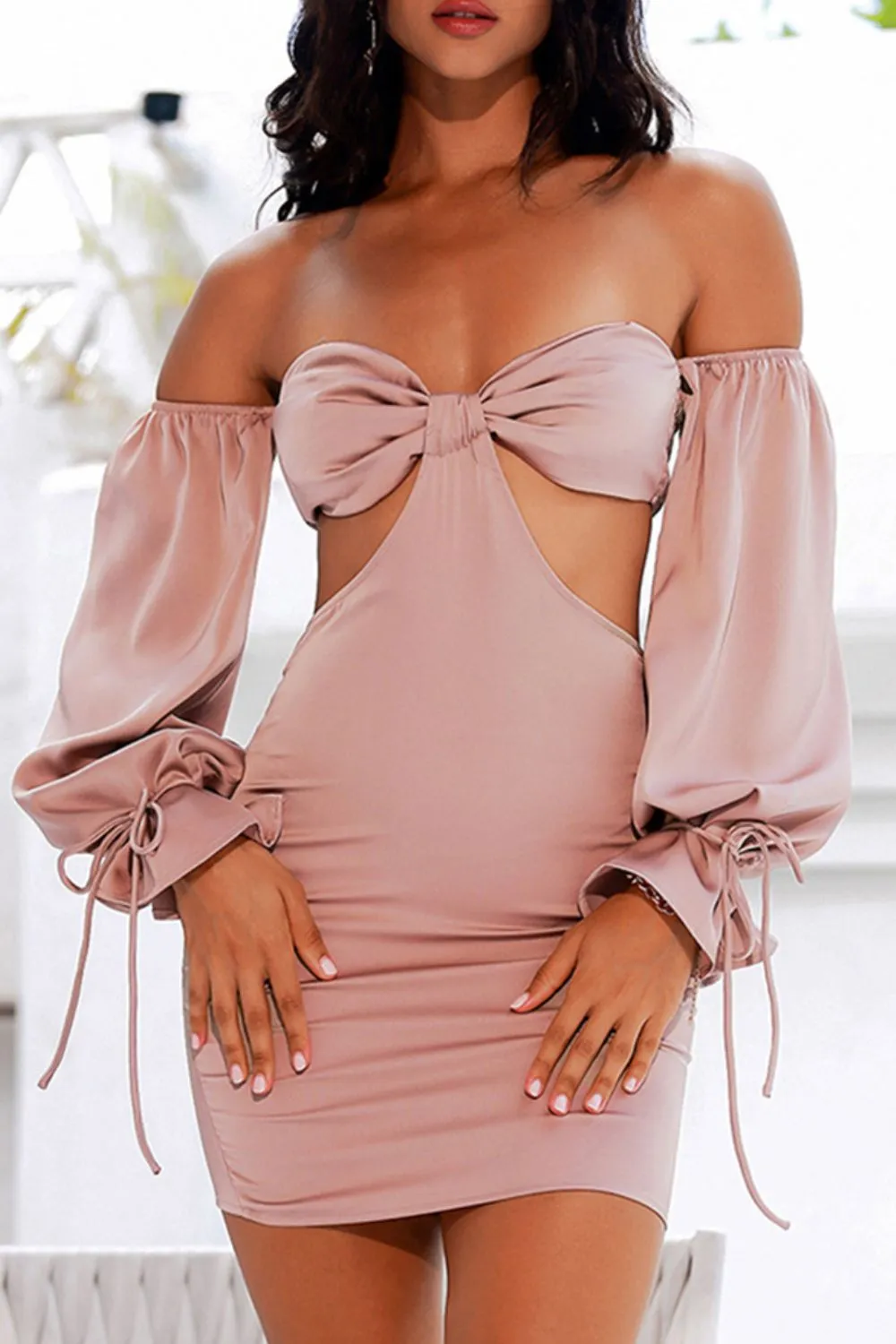 Bow Detail Cutout Smocked Off-Shoulder Dress