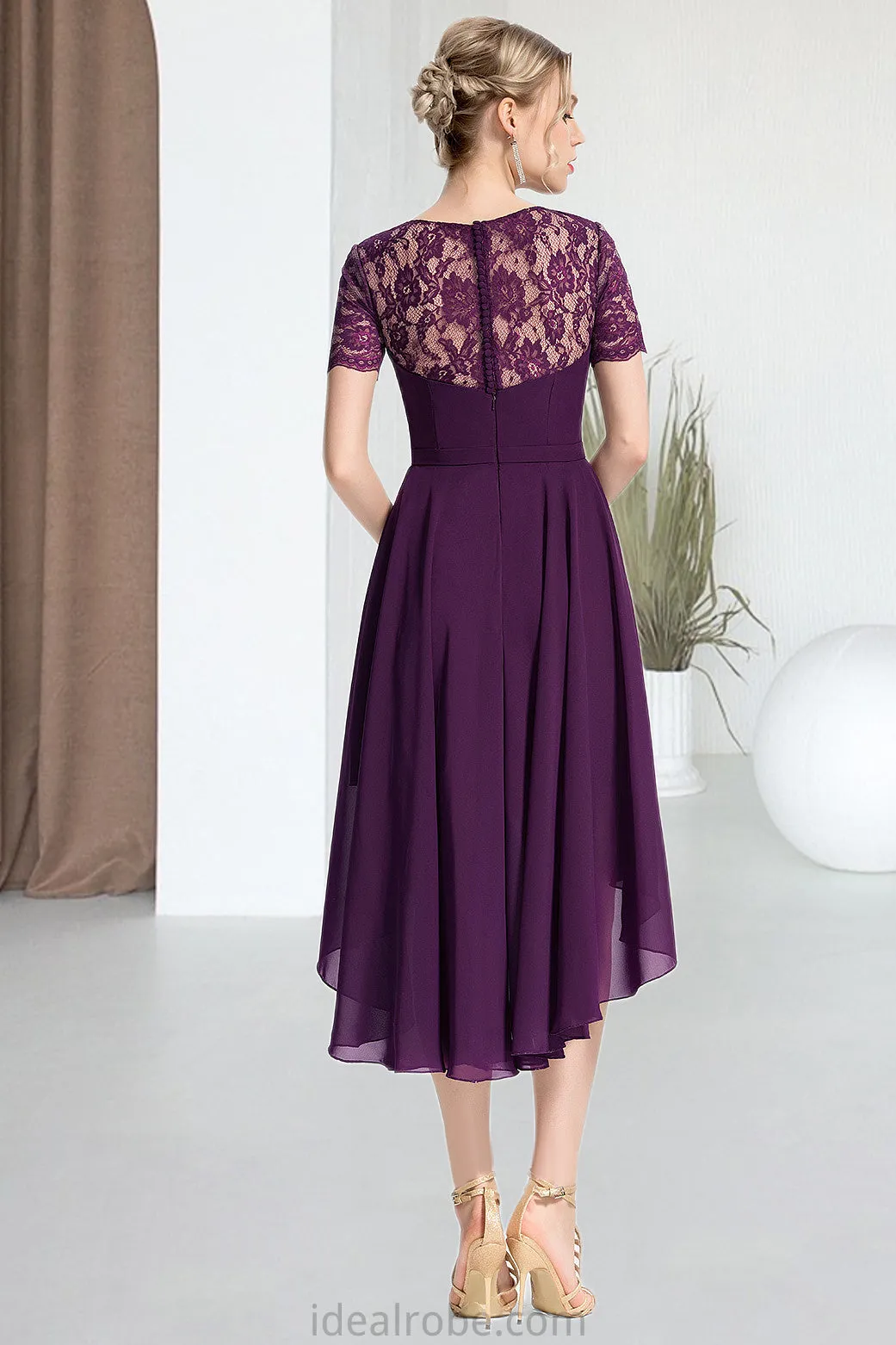 Carly A-line Scoop Asymmetrical Chiffon Lace Homecoming Dress STKP0020587