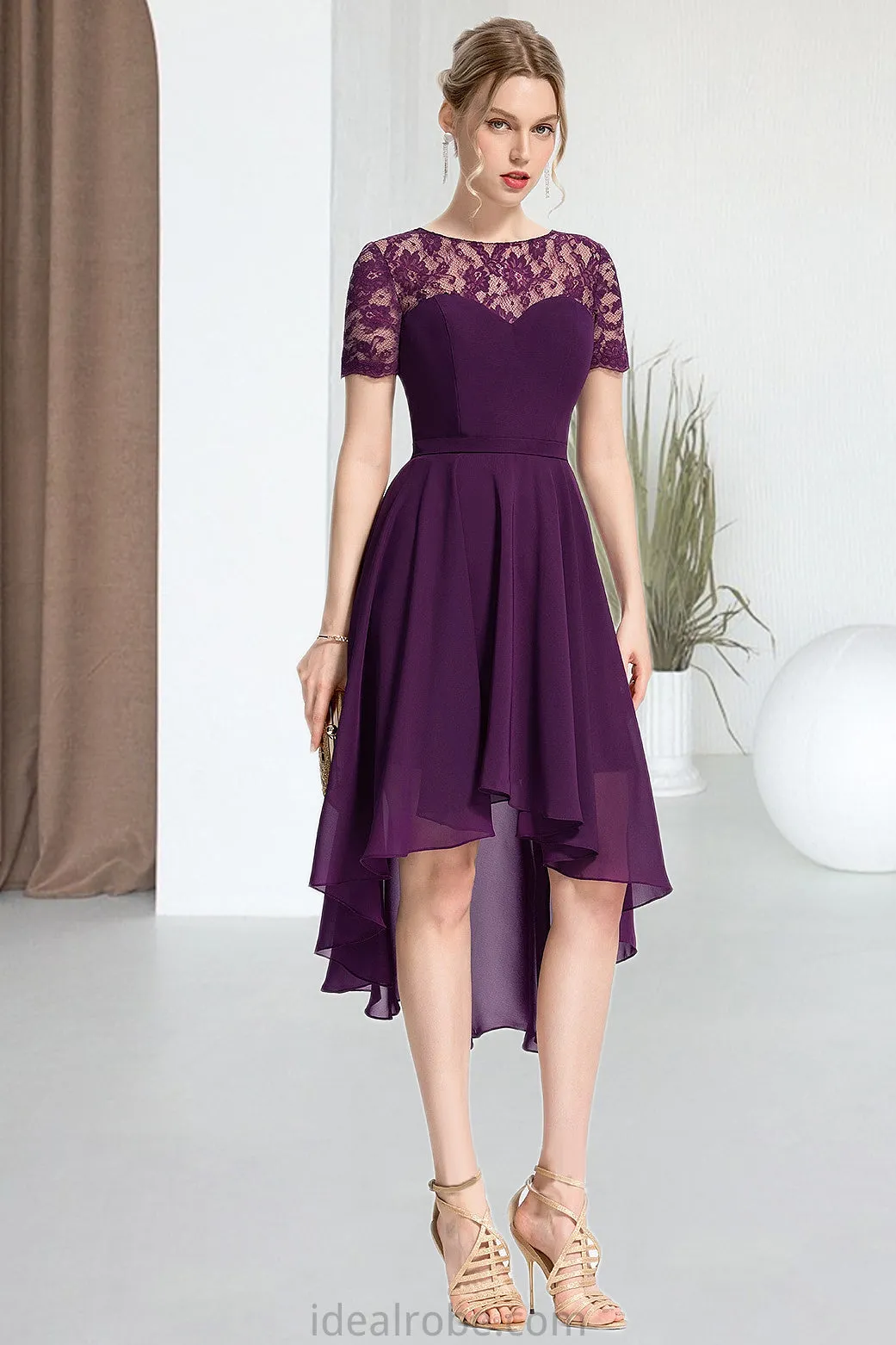 Carly A-line Scoop Asymmetrical Chiffon Lace Homecoming Dress STKP0020587