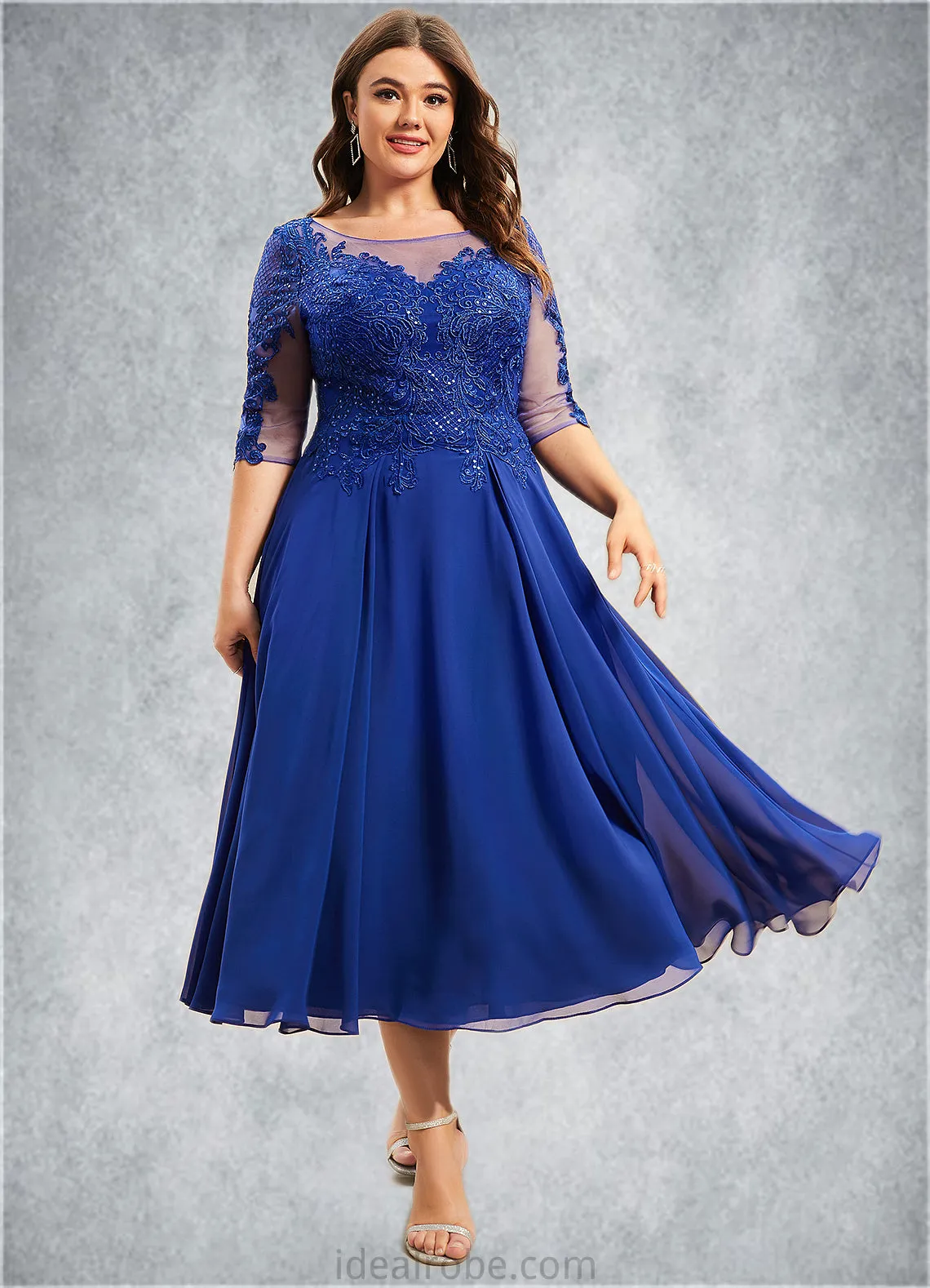 Cassidy A-Line Scoop Neck Tea-Length Chiffon Lace Mother of the Bride Dress With Sequins STK126P0014565