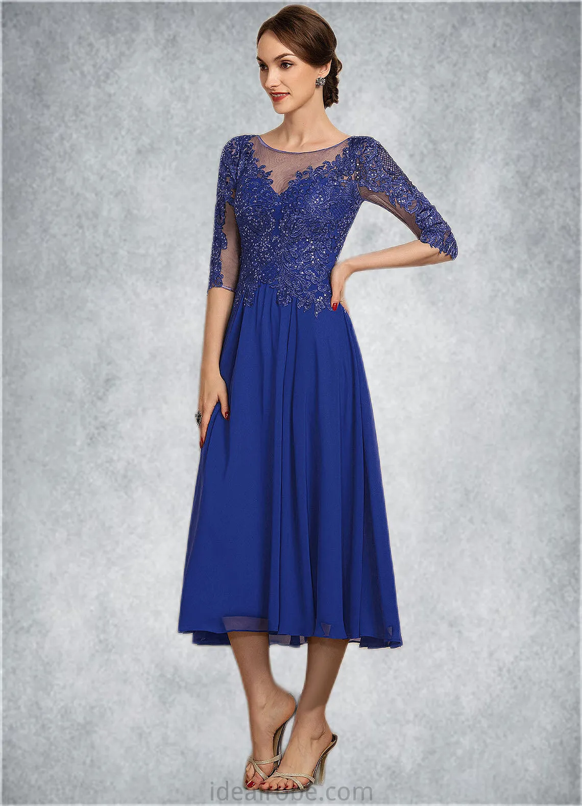 Cassidy A-Line Scoop Neck Tea-Length Chiffon Lace Mother of the Bride Dress With Sequins STK126P0014565