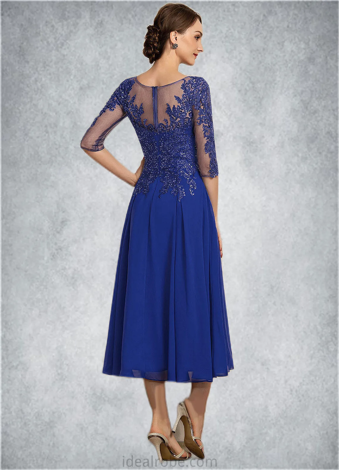 Cassidy A-Line Scoop Neck Tea-Length Chiffon Lace Mother of the Bride Dress With Sequins STK126P0014565