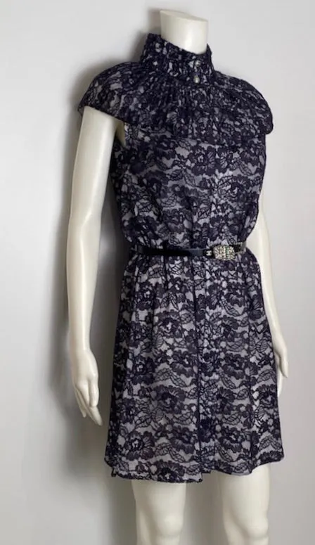 Chanel Navy Blue Cotton Camellia Floral Print Lace Dress FR 42 US 6