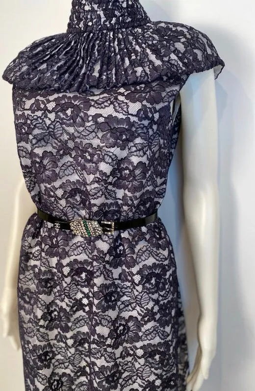 Chanel Navy Blue Cotton Camellia Floral Print Lace Dress FR 42 US 6