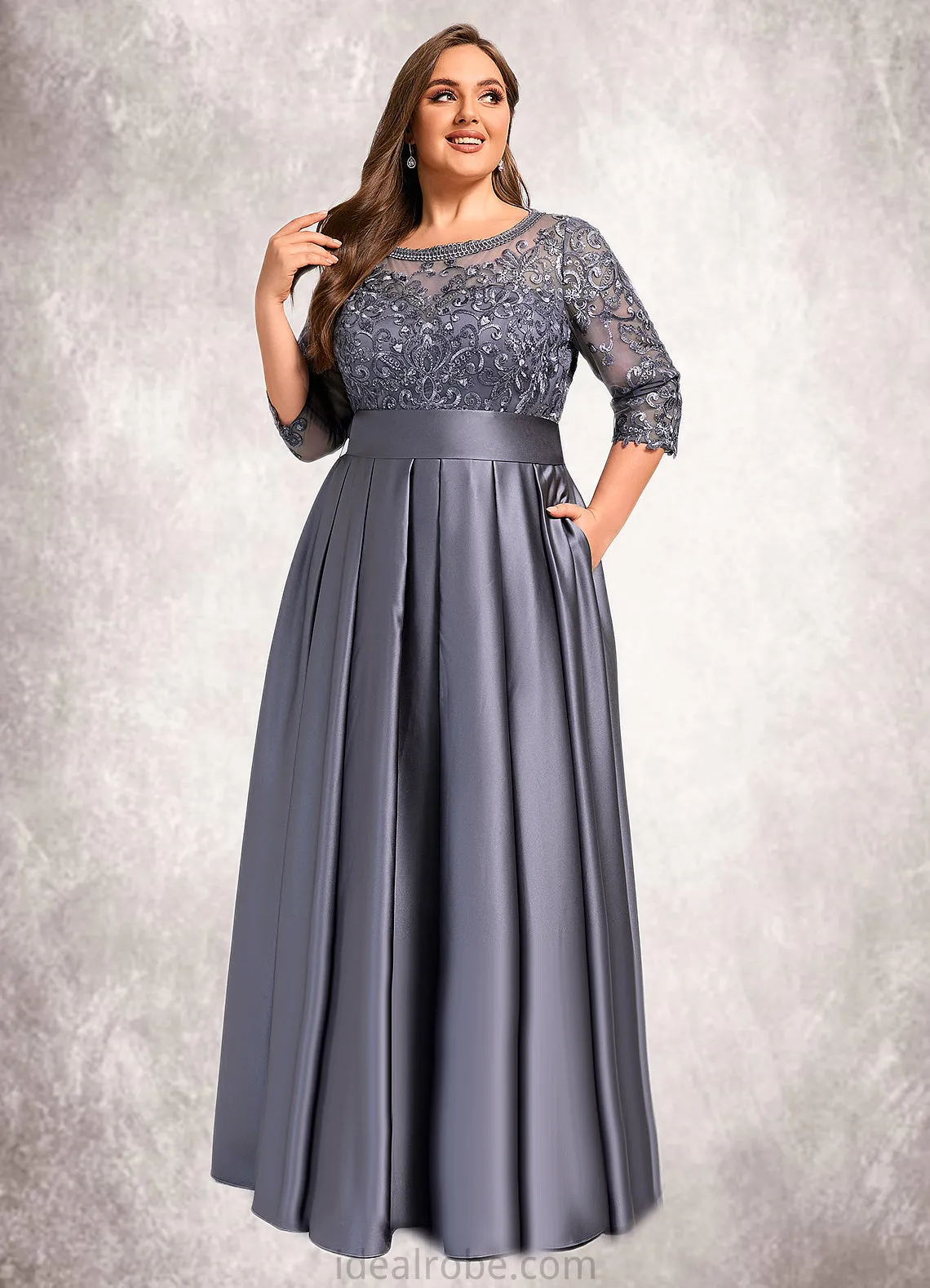 Charlie A-line Scoop Illusion Floor-Length Lace Satin Mother of the Bride Dress With Bow Sequins STKP0021633