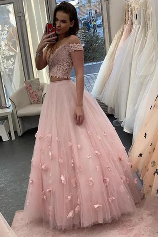 Chic Off Shoulder Sleeveless Two Piece Prom Dresses