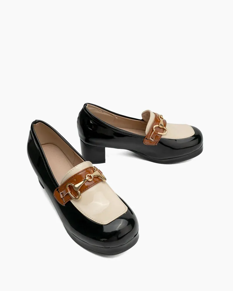 Classic Metal Buckle Colorblock Chunky Heeled Loafers