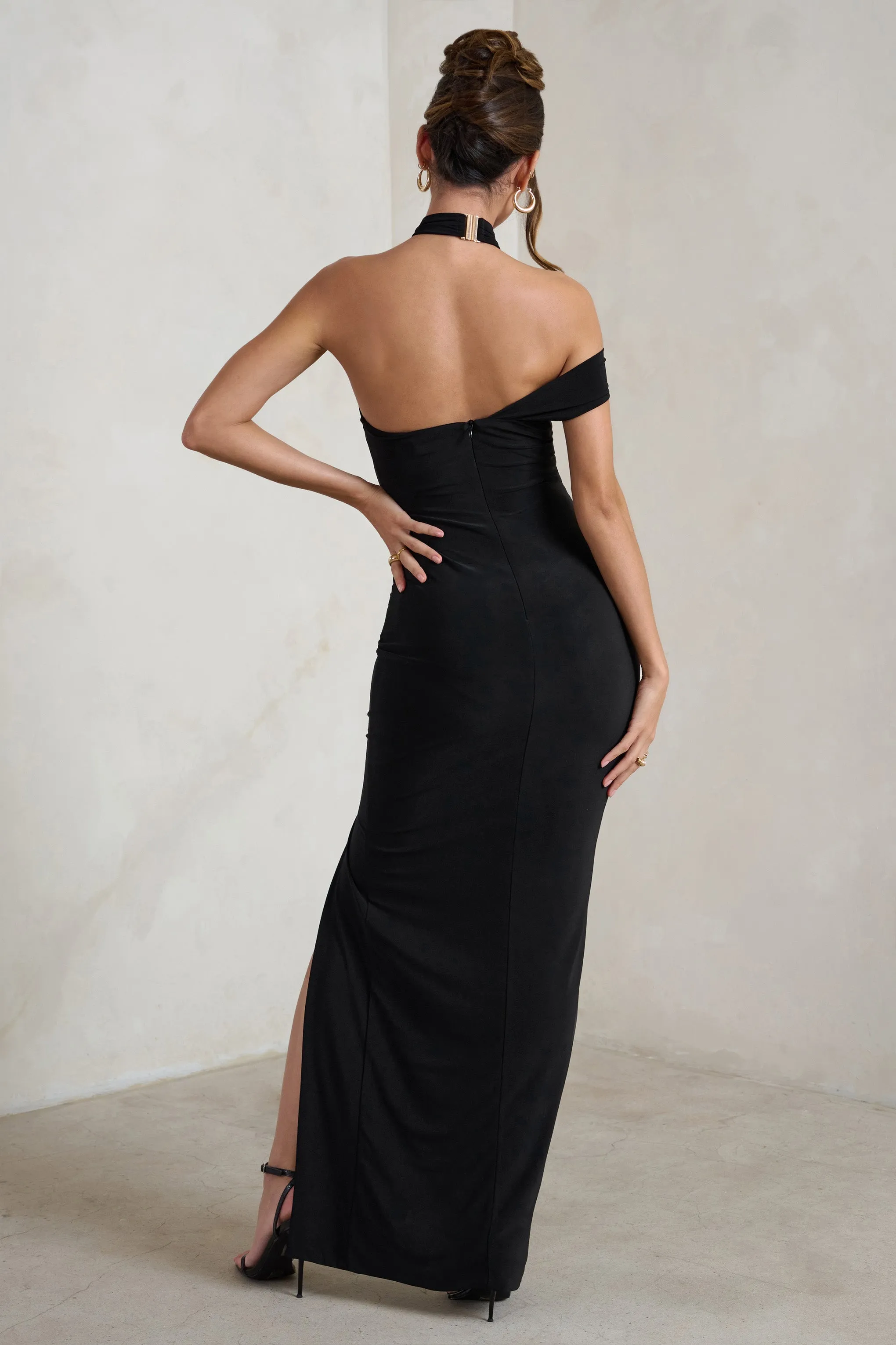 Clementine | Black Asymmetric Neckline Maxi Dress With Thigh Split