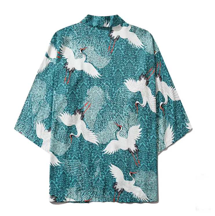 Cranes Kimono Shirt Teal | Anime Kimono