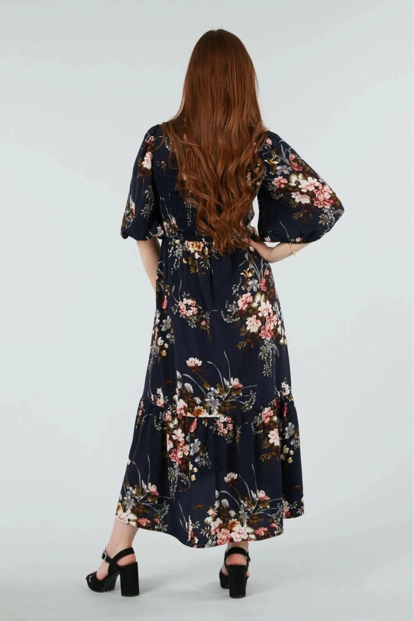 Double Second Navy Floral Printed A-line Tiered Dress