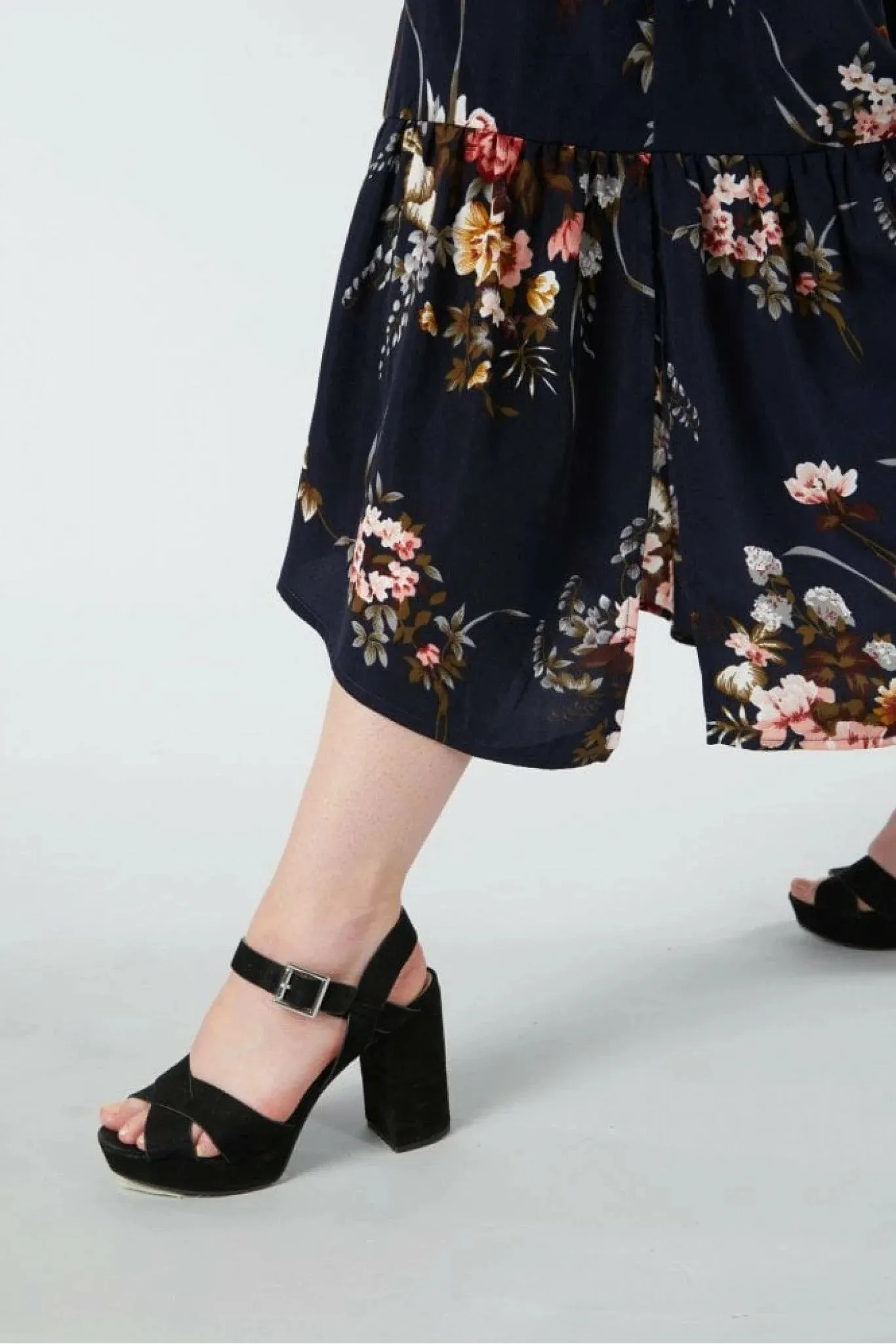 Double Second Navy Floral Printed A-line Tiered Dress