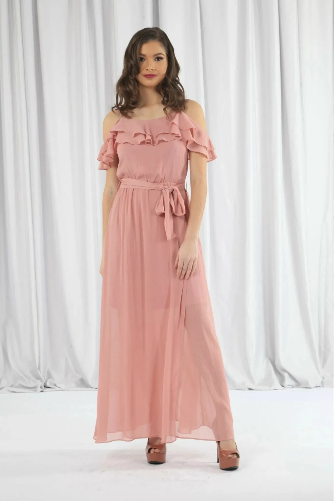 Double Second Pink Double Frill Off Shoulder Wrap Maxi Dress