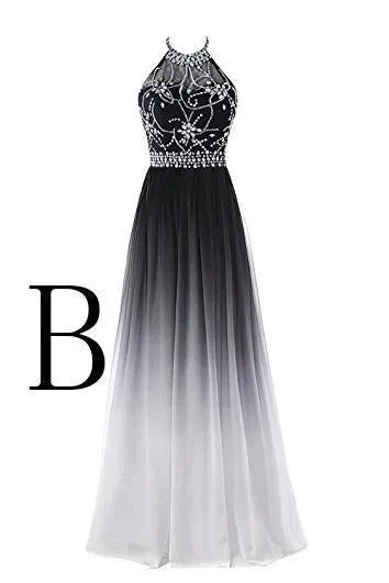 Elegant A-Line Halter Gradient Chiffon Long Ombre Beads Lace up Prom Dresses