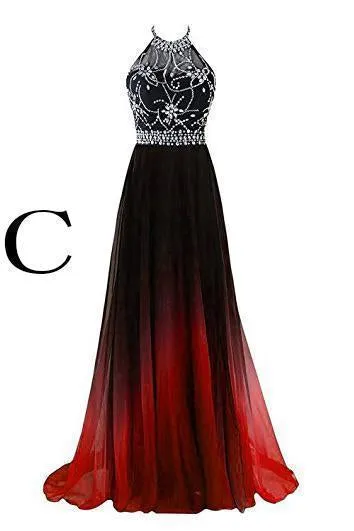 Elegant A-Line Halter Gradient Chiffon Long Ombre Beads Lace up Prom Dresses