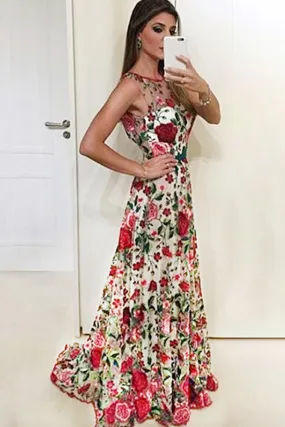 Elegant A line Red Floral Straps Backless Prom Dresses Long Formal Dresses