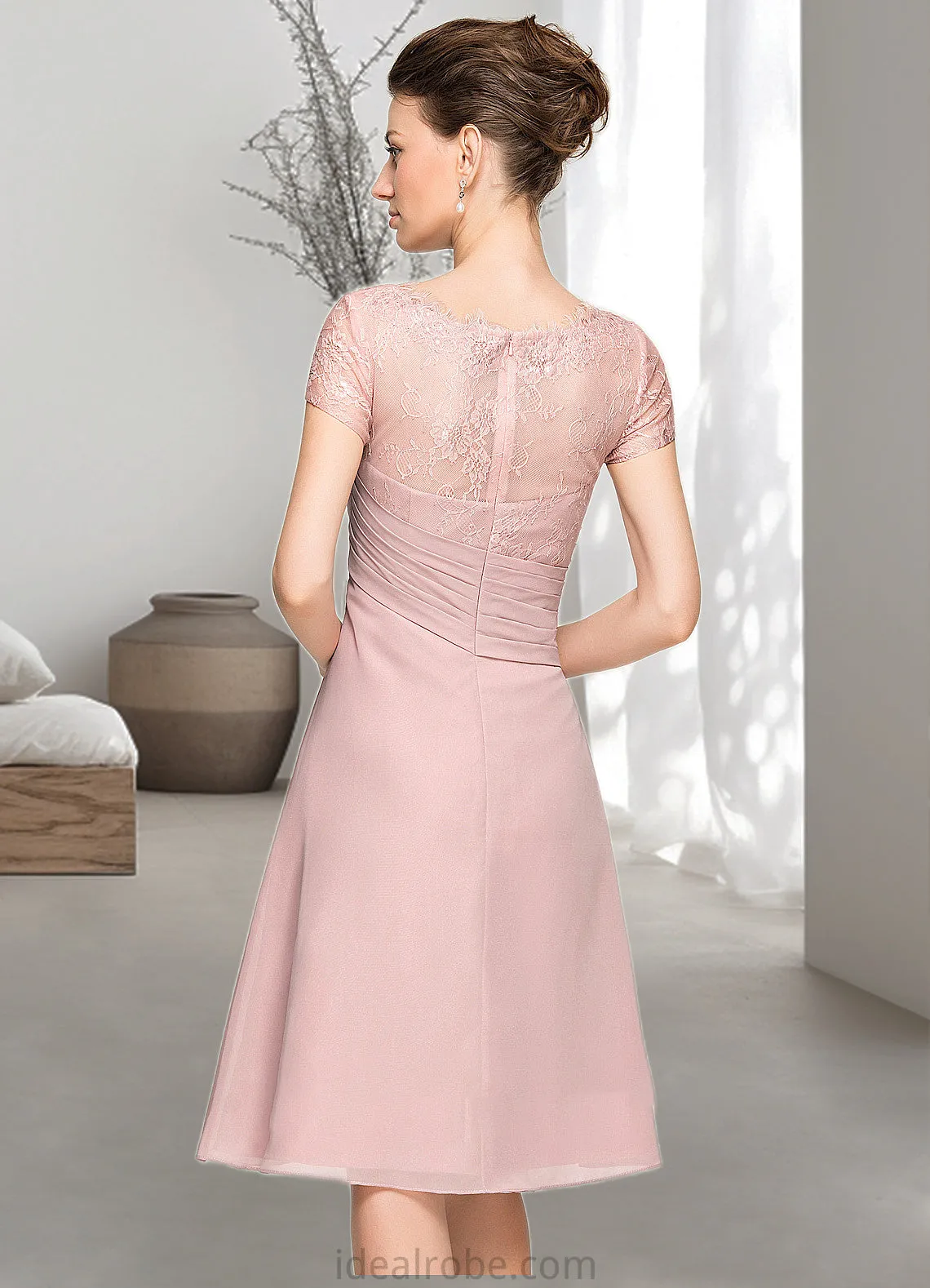 Ellie A-Line Scoop Neck Knee-Length Chiffon Lace Mother of the Bride Dress With Beading Flower(s) Sequins Cascading Ruffles STK126P0014704