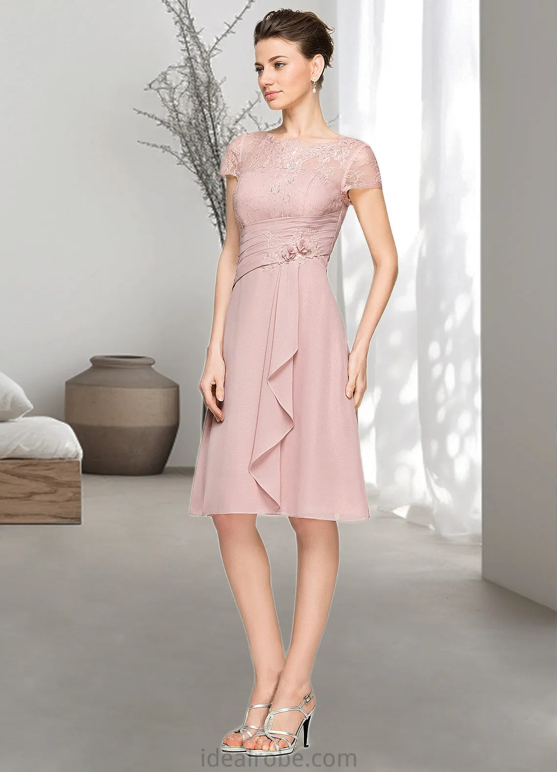 Ellie A-Line Scoop Neck Knee-Length Chiffon Lace Mother of the Bride Dress With Beading Flower(s) Sequins Cascading Ruffles STK126P0014704