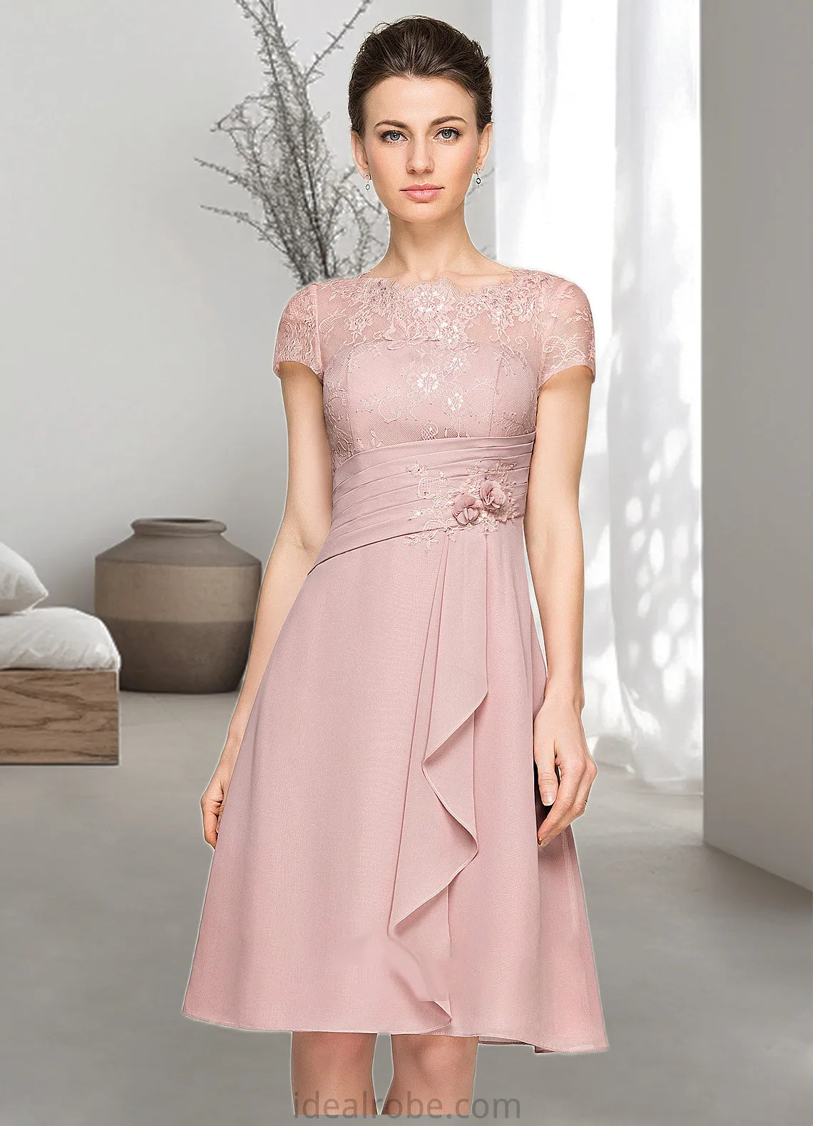 Ellie A-Line Scoop Neck Knee-Length Chiffon Lace Mother of the Bride Dress With Beading Flower(s) Sequins Cascading Ruffles STK126P0014704