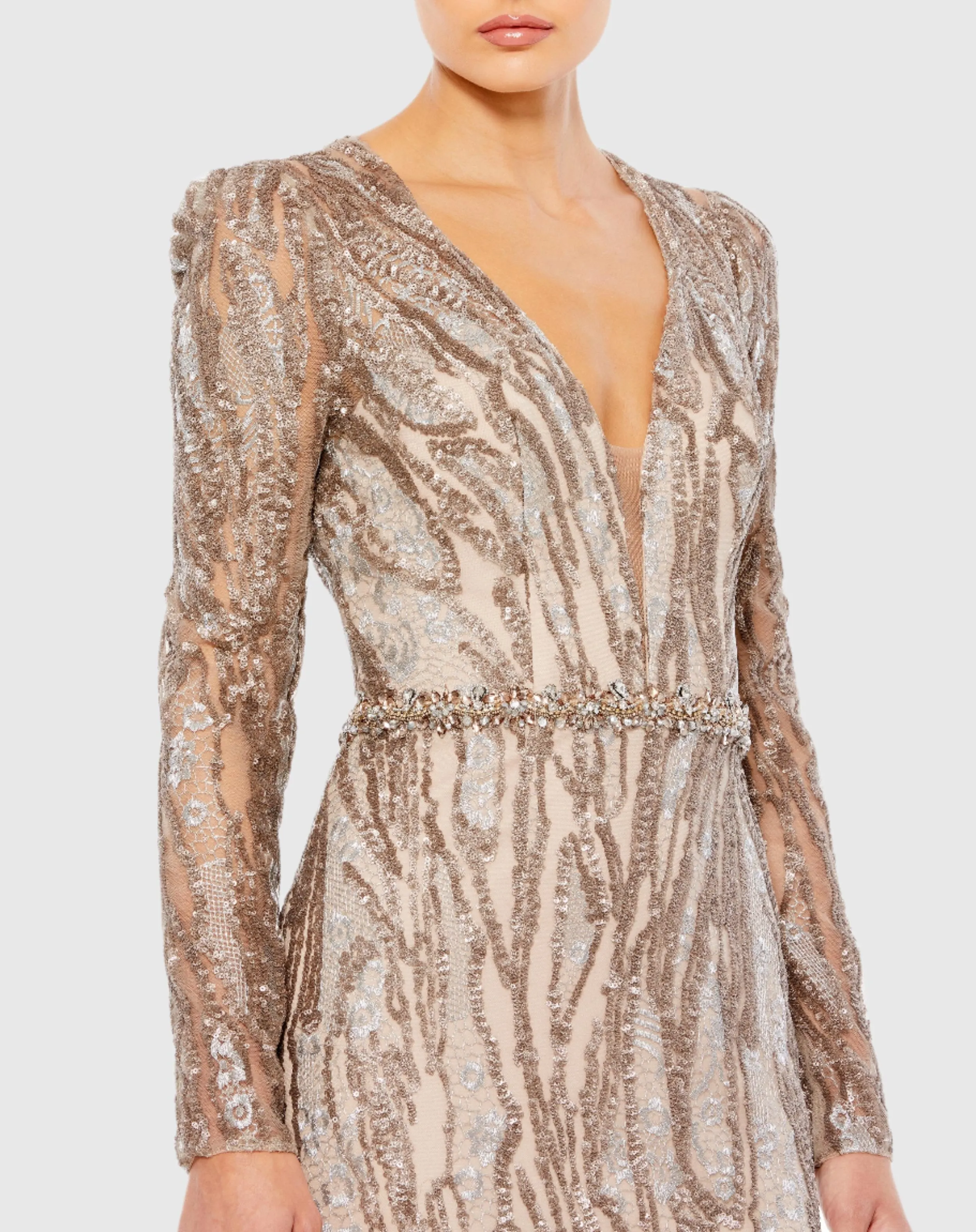 Embellished Long Sleeve Plunge Neck Trumpet Gown