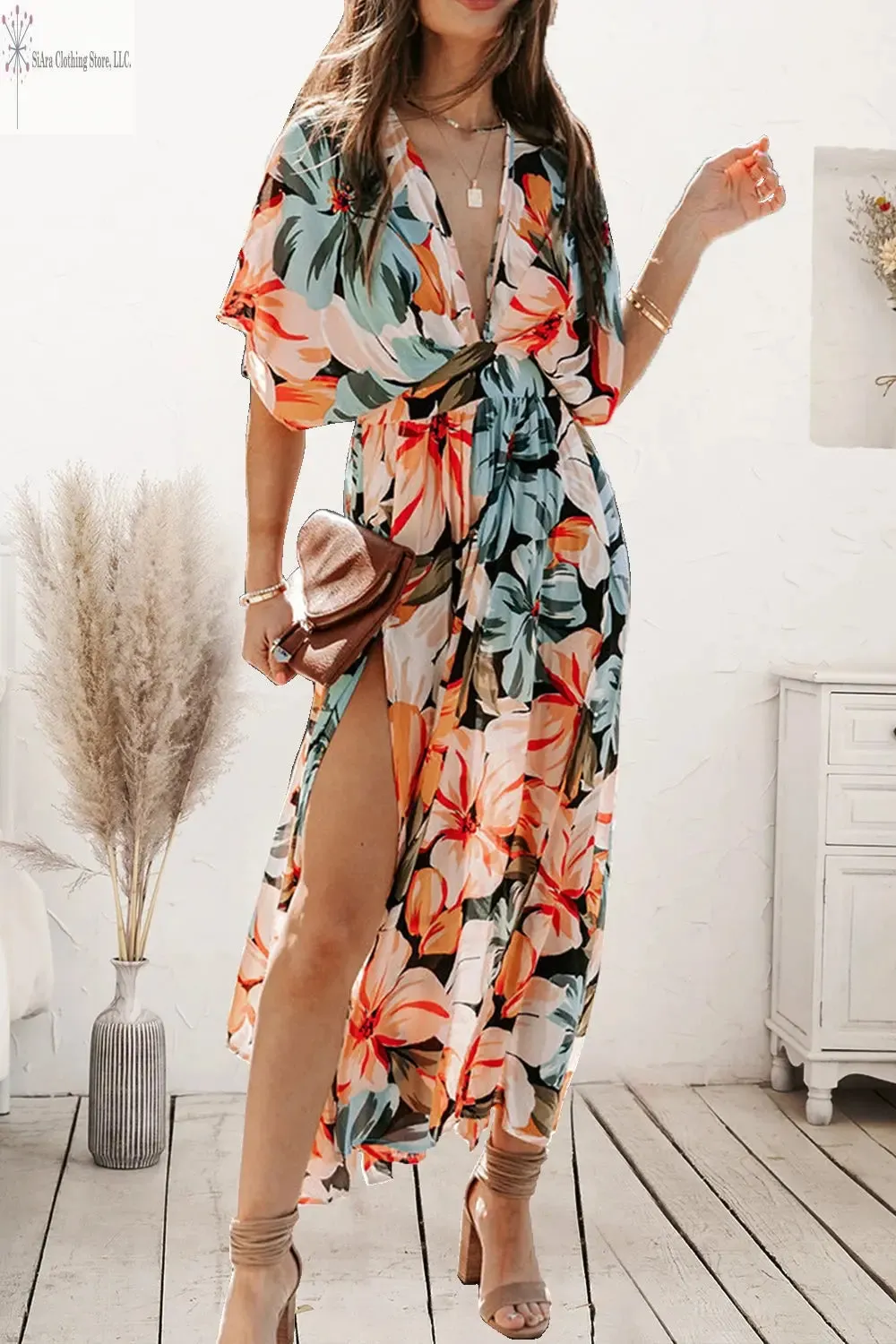 Floral Midi Dress Short Sleeves