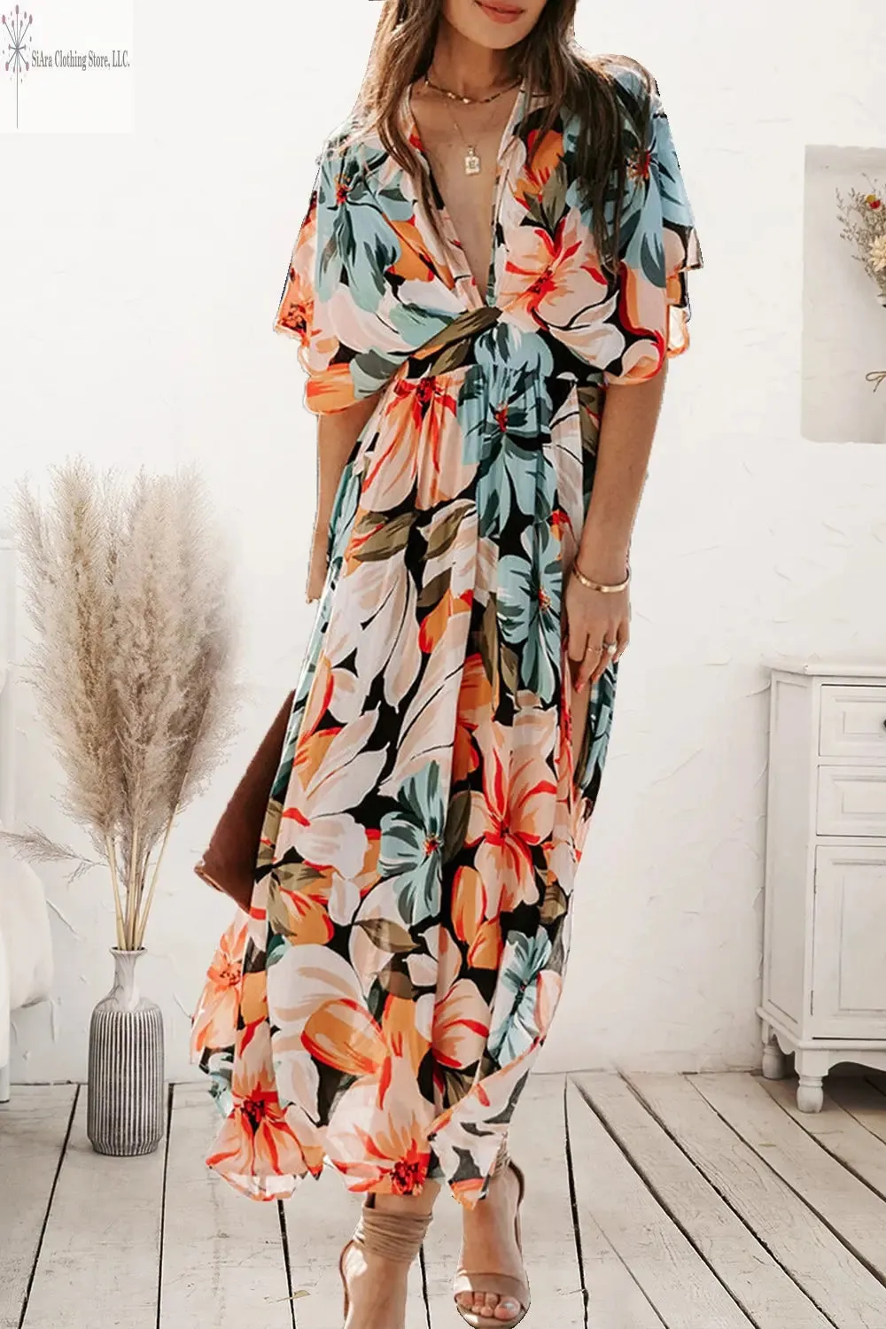 Floral Midi Dress Short Sleeves