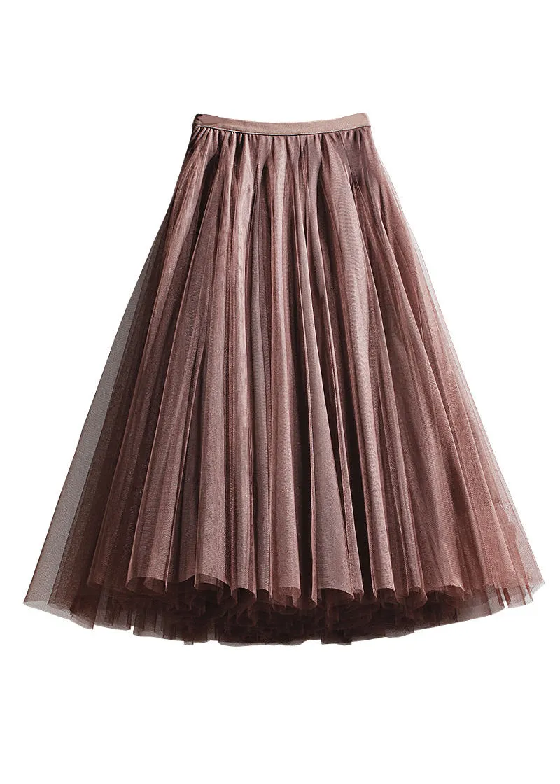 French Coffee Wrinkled Elastic Waist Tulle Skirts Summer AS1071