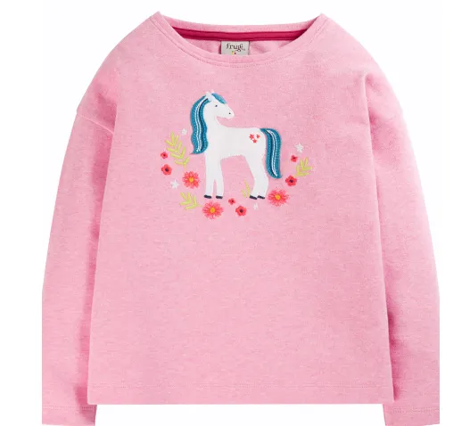 Frugi Bethany Applique Top - Pink Marl/Horse