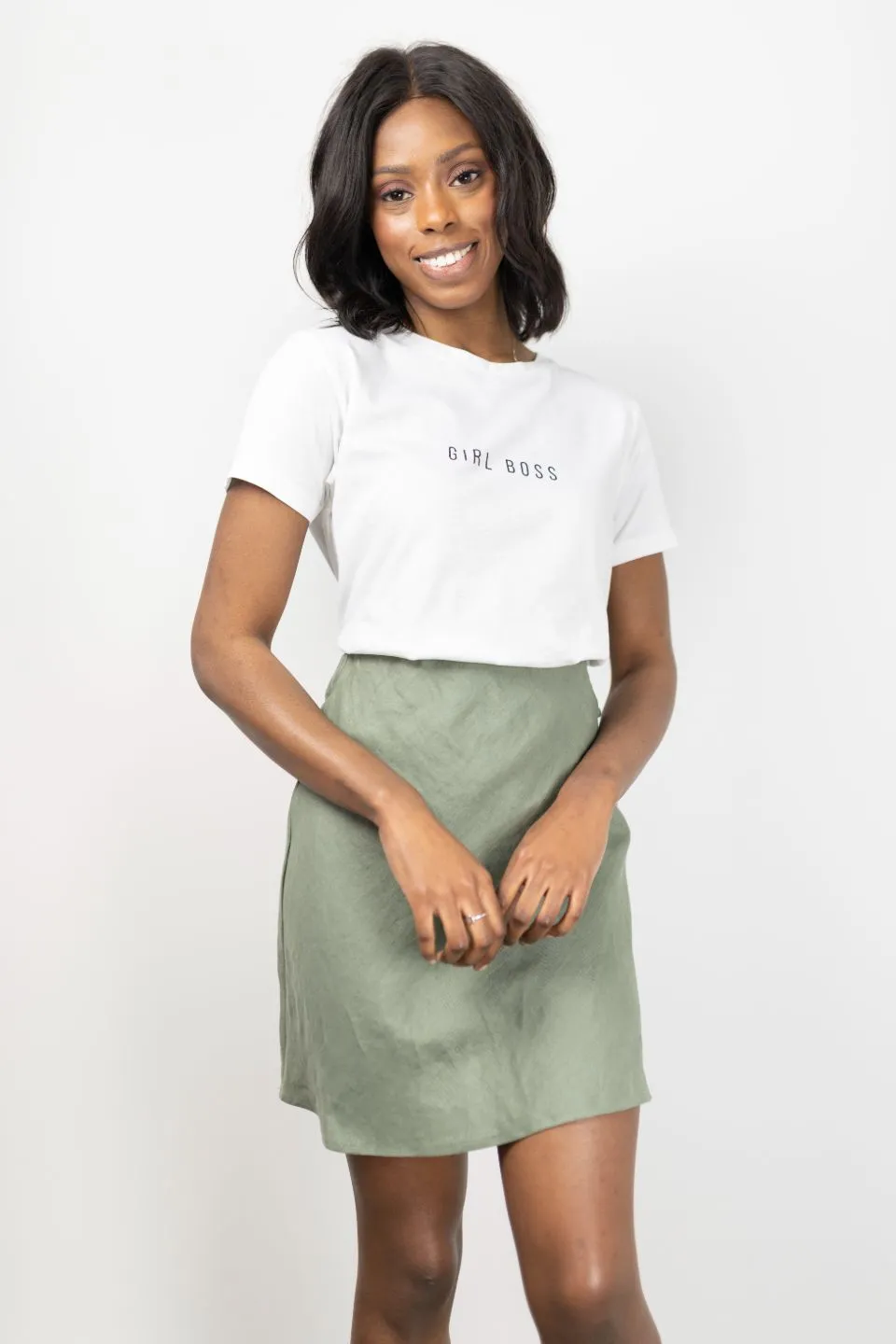 Gentle Bias Khaki Linen Mini Skirt with Self Buttons