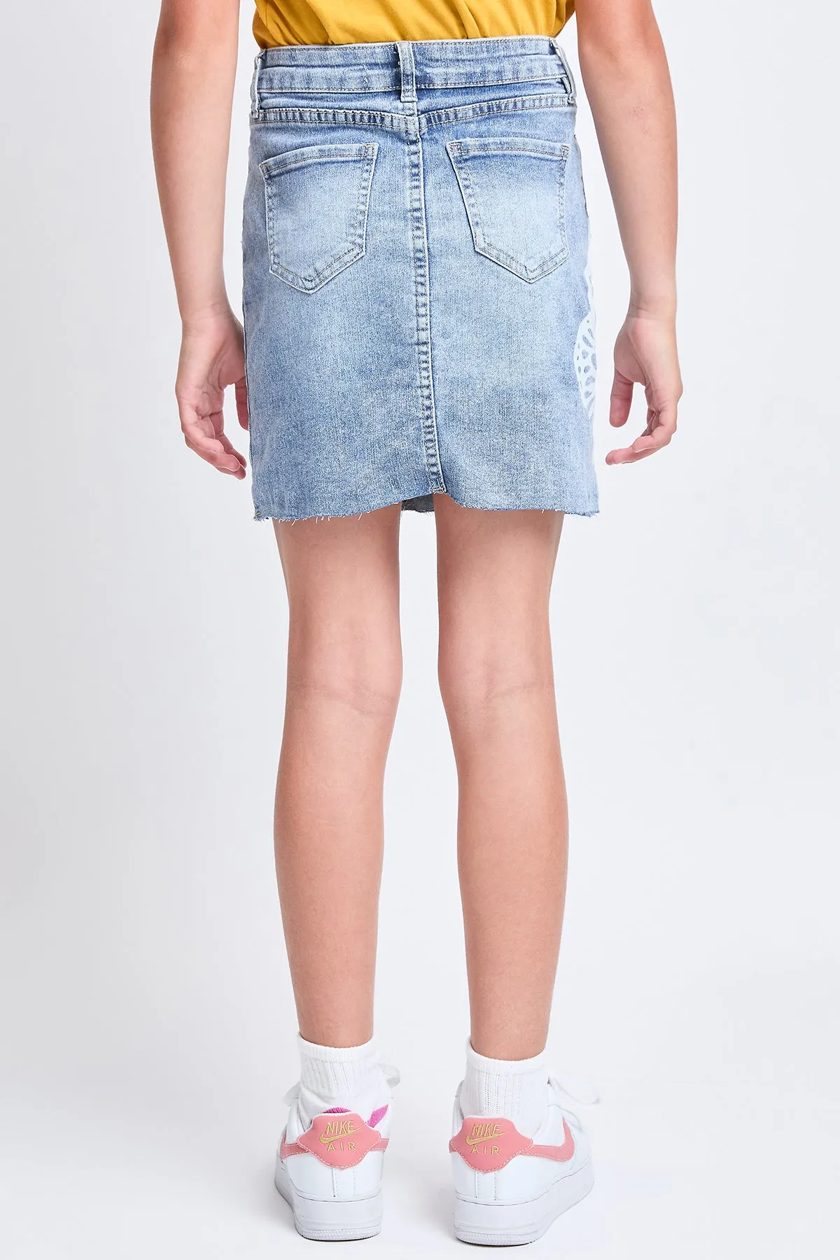 Girls Butterfly Print Raw Hem Mini Denim Skirt