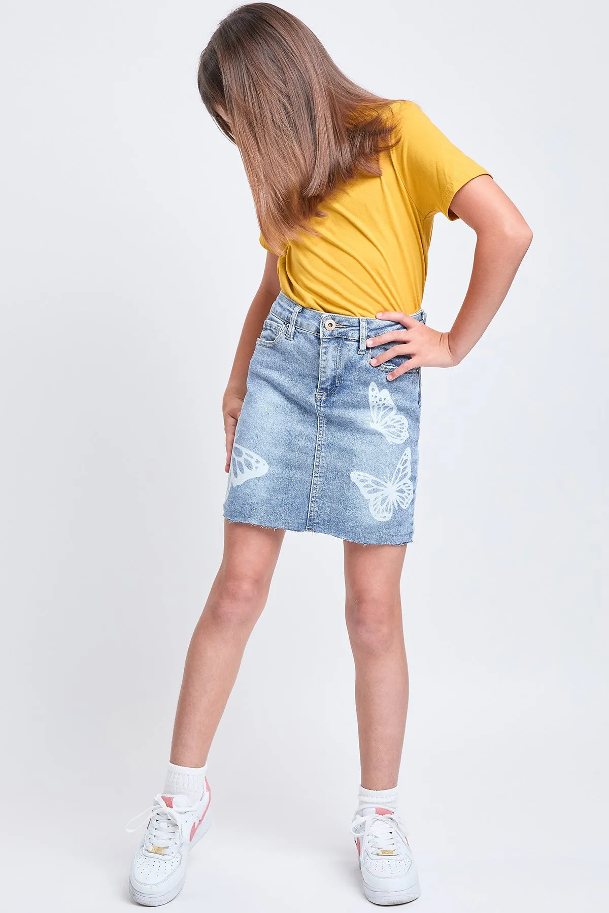 Girls Butterfly Print Raw Hem Mini Denim Skirt