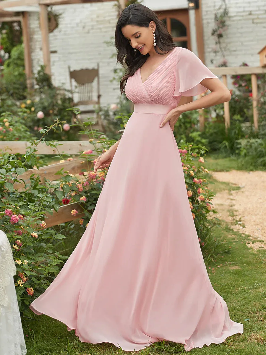 Glamorous Double V-Neck Ruffles Padded Chiffon Evening Dresses