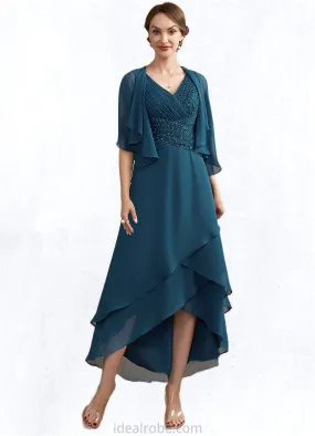 Grace A-Line V-neck Asymmetrical Chiffon Mother of the Bride Dress With Ruffle Beading Sequins STK126P0014671